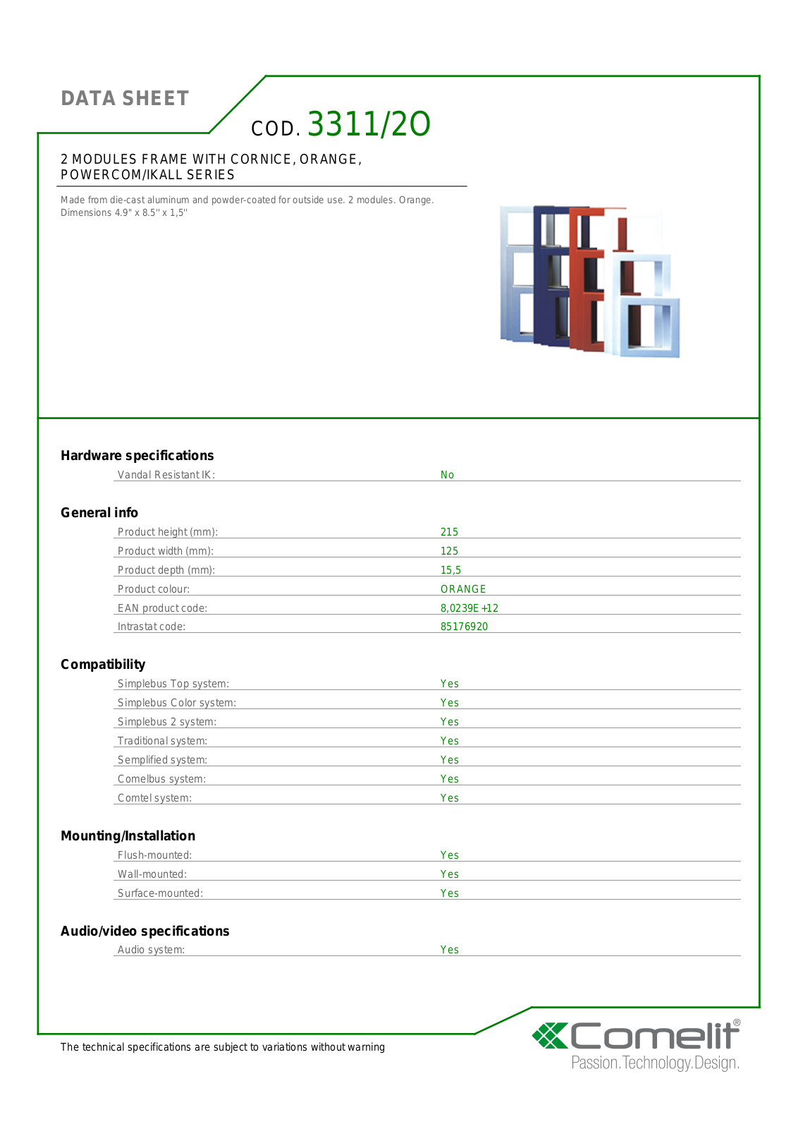 Comelit 3311-2O Specsheet - ManualMachine.com