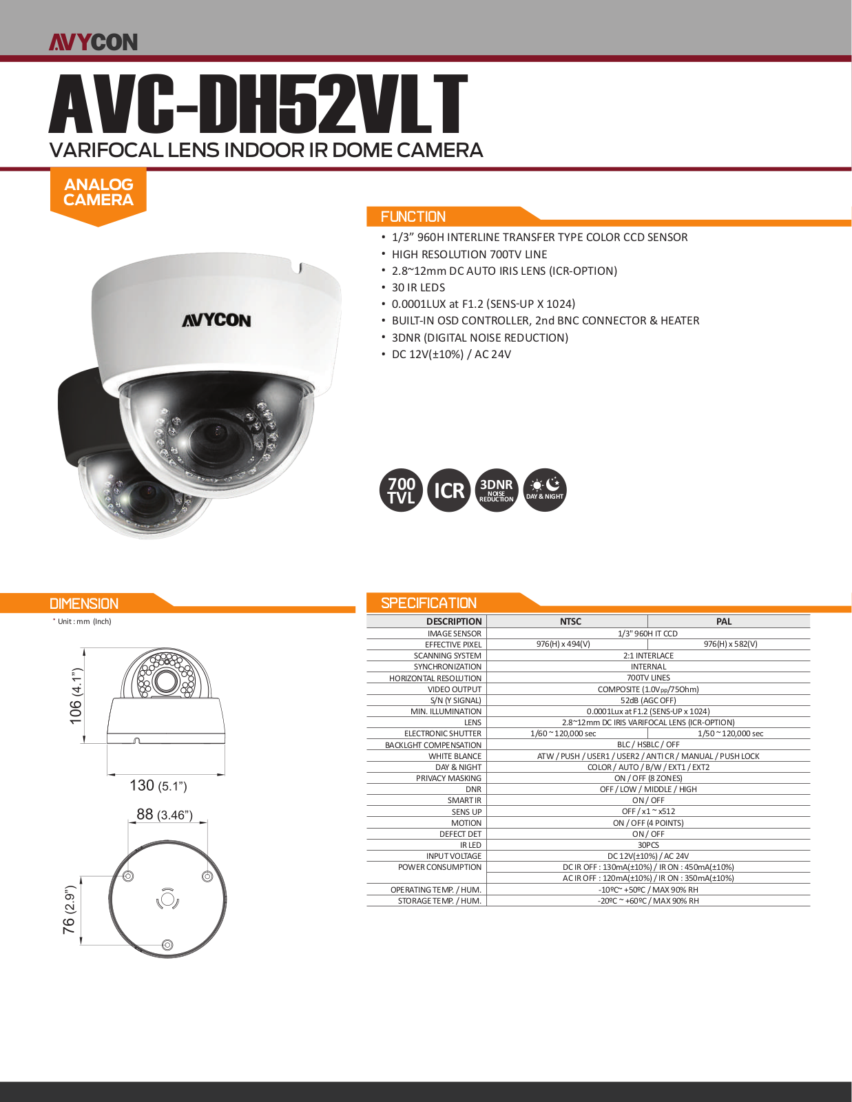 Avycon AVC-DH52VLT Specsheet