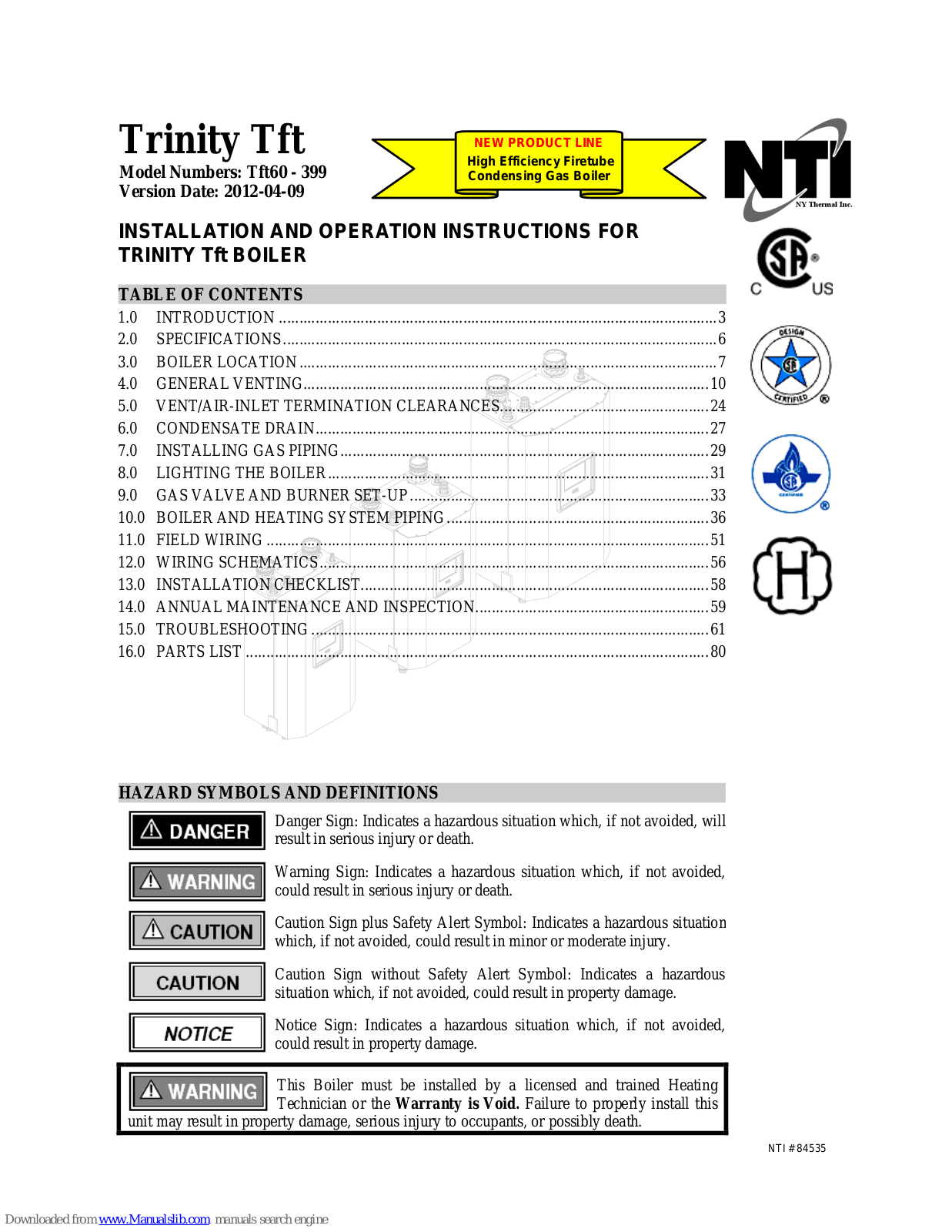 NTI Tft155, Tft175, Tft200, Tft250, Tft300 Installation And Operation Instructions Manual