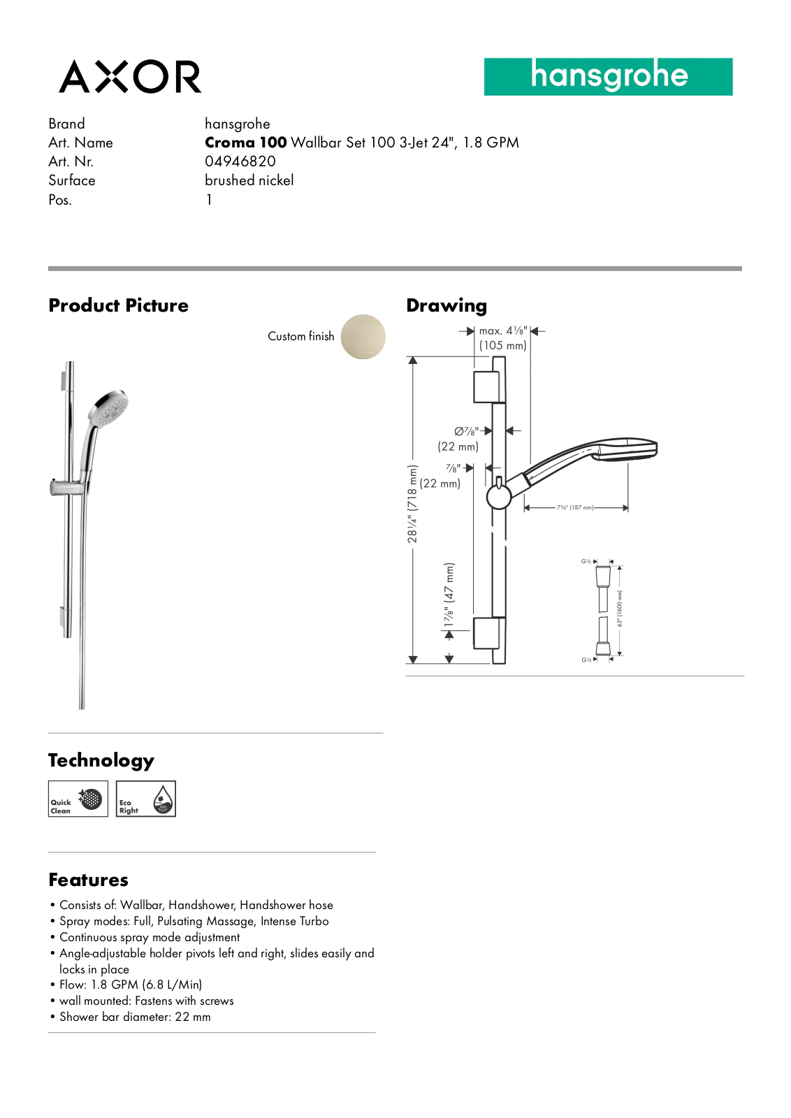 Hansgrohe GCDC1922 Specifications - ManualMachine.com