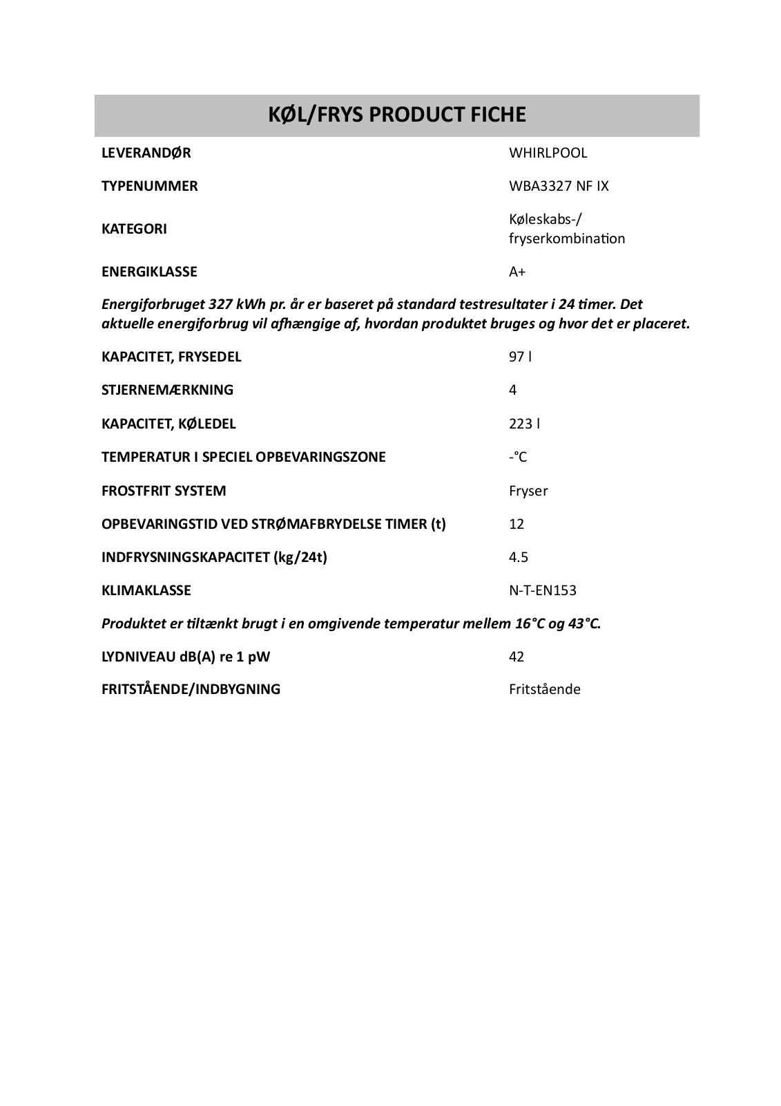 Whirlpool WBA3327 NF IX OPLYSNINGSSKEMA User Manual