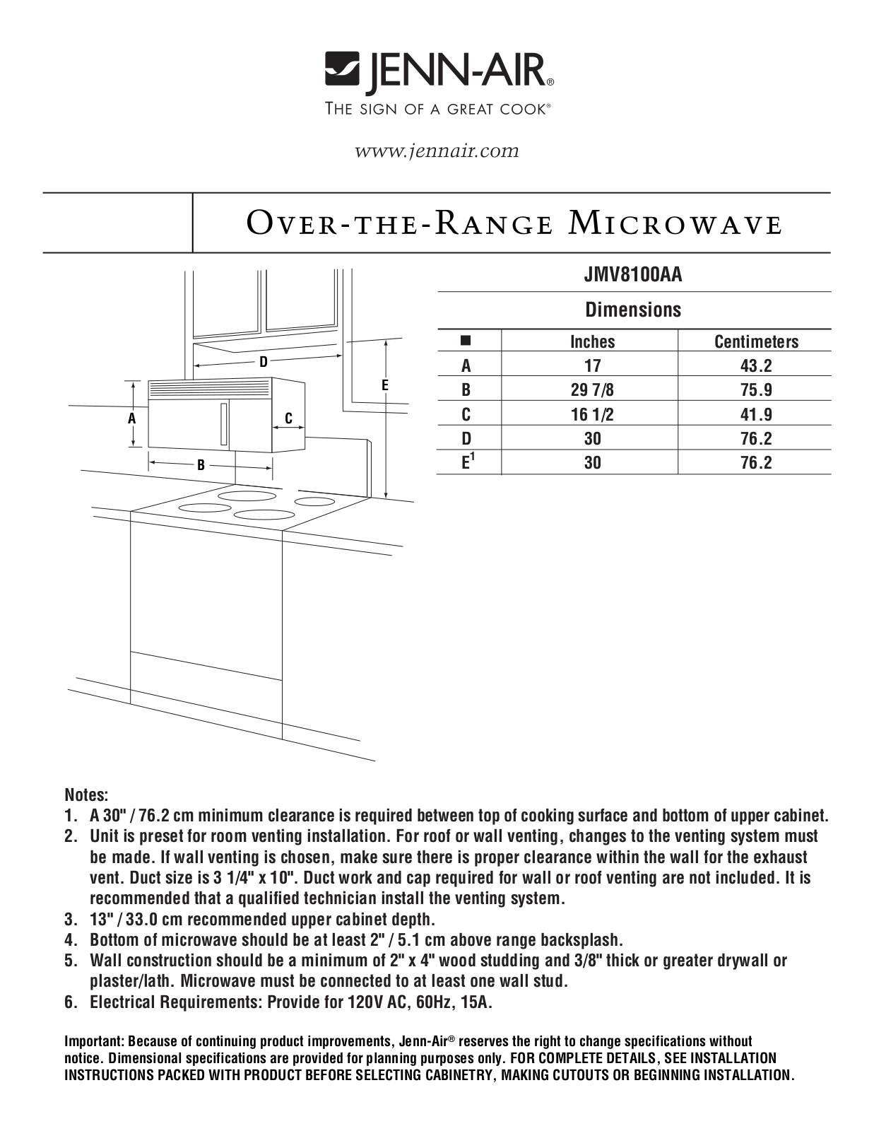 JENN-AIR JMV8100AAB, JMV8100AAQ, JMV8100AAS, JMV8100AAW Dimension Guide