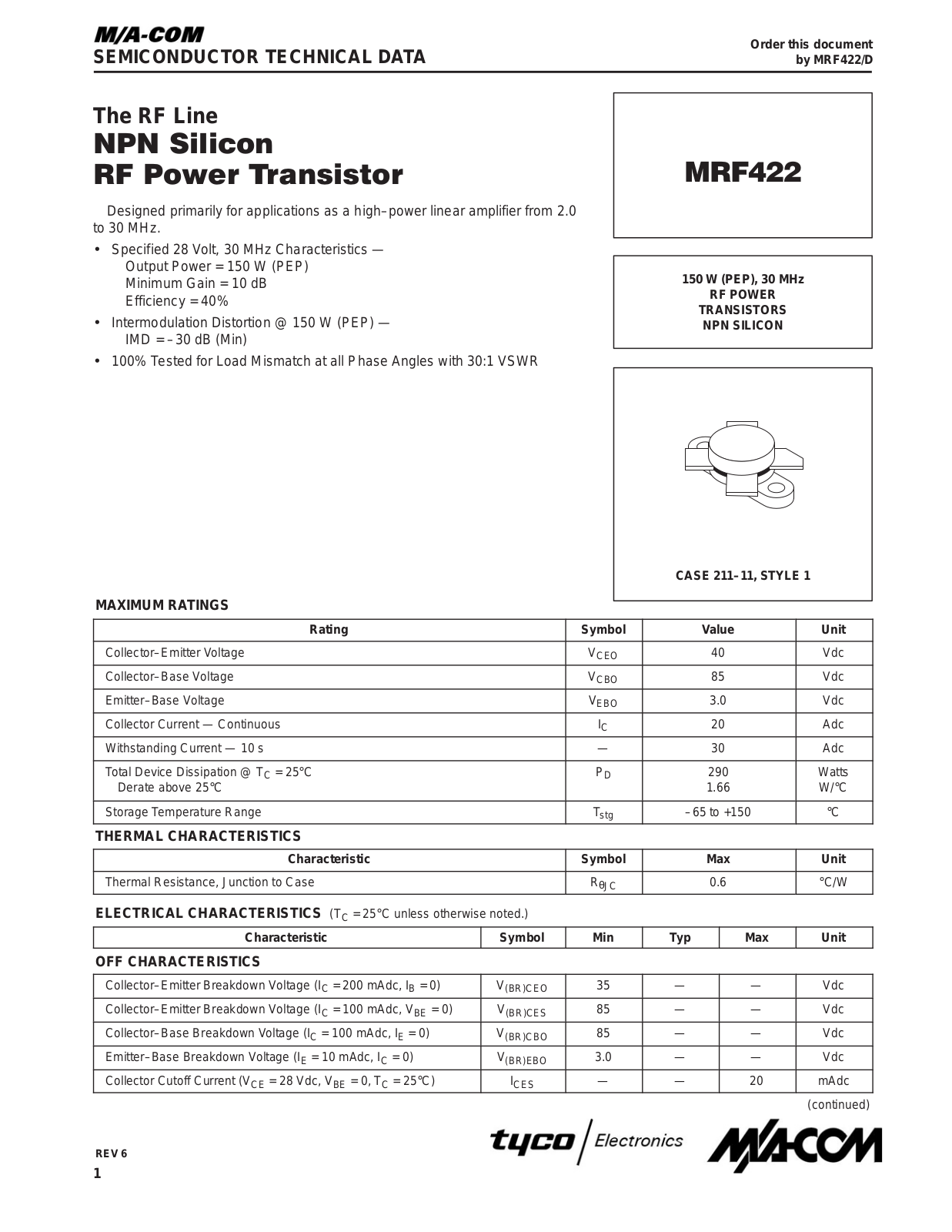 M A COM MRF422 Datasheet