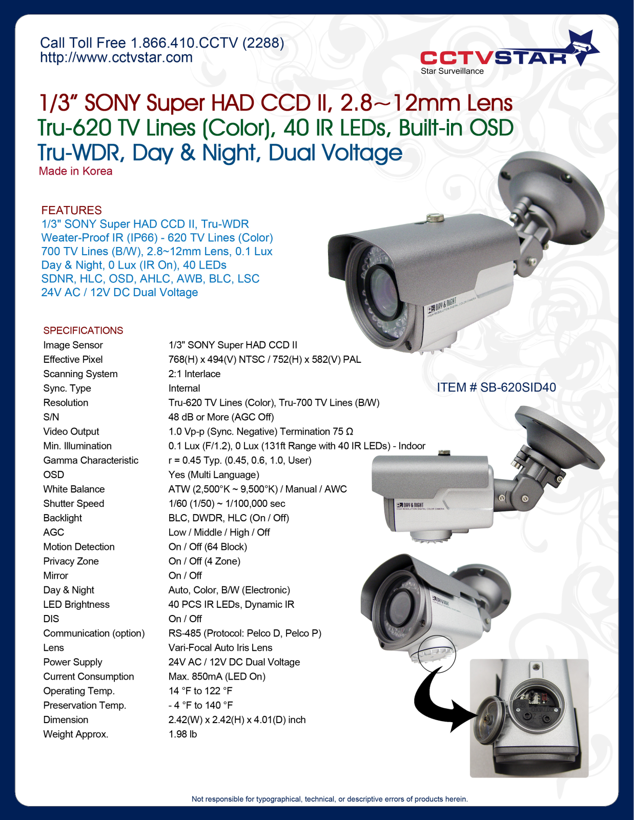 CCTV Star SB-620SID40 Specsheet - ManualMachine.com