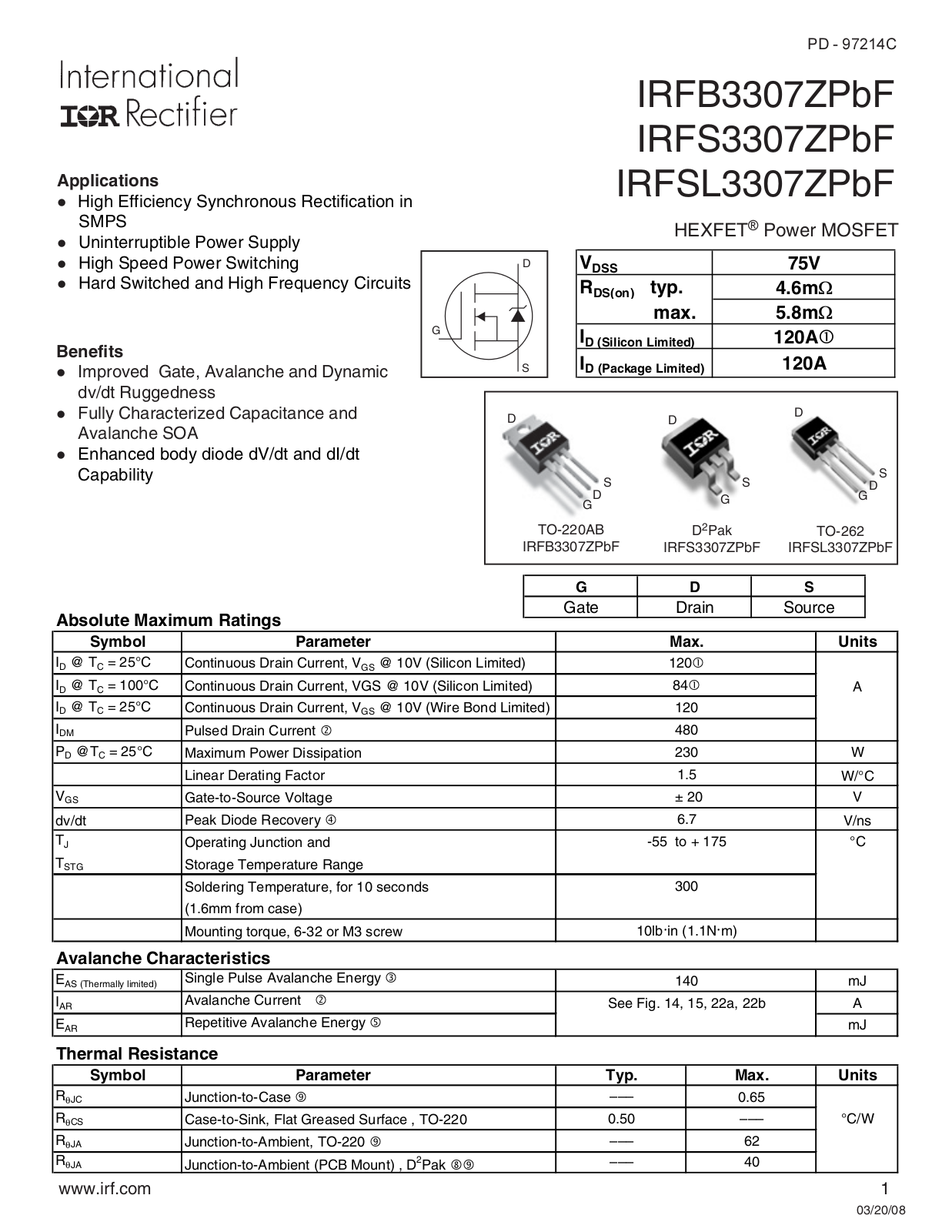 Datasheet IRFB 3307Z Datasheet - ManualMachine.com
