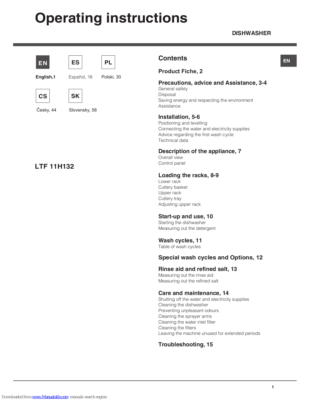 Hotpoint LTF 11H132 Operating Instructions Manual