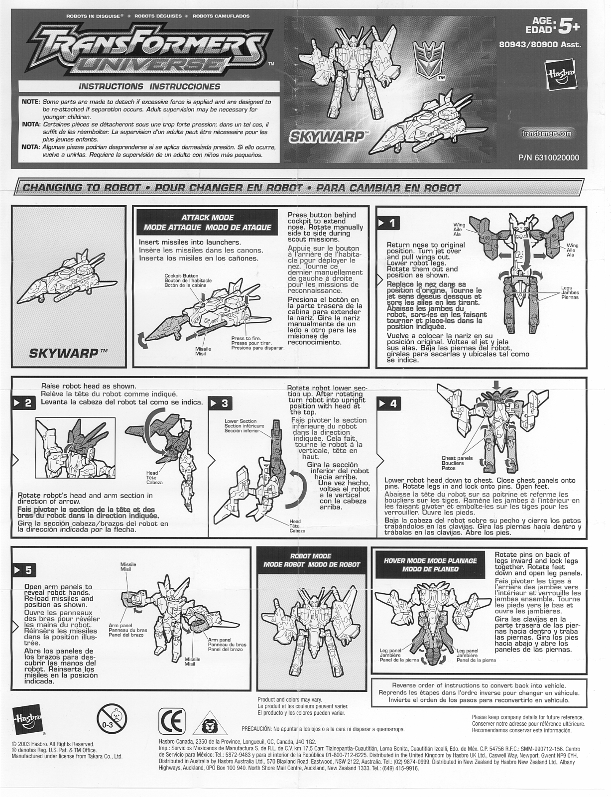 HASBRO Transformers Universe Skywarp User Manual