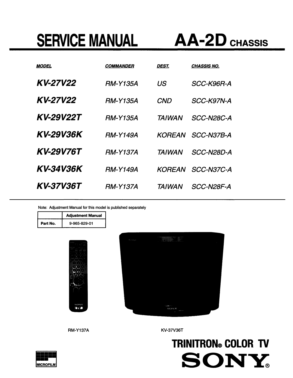 SONY KV 27V2, 2 KV29V22T, KV29V36K, KV29V76T, KV34V36K Service Manual