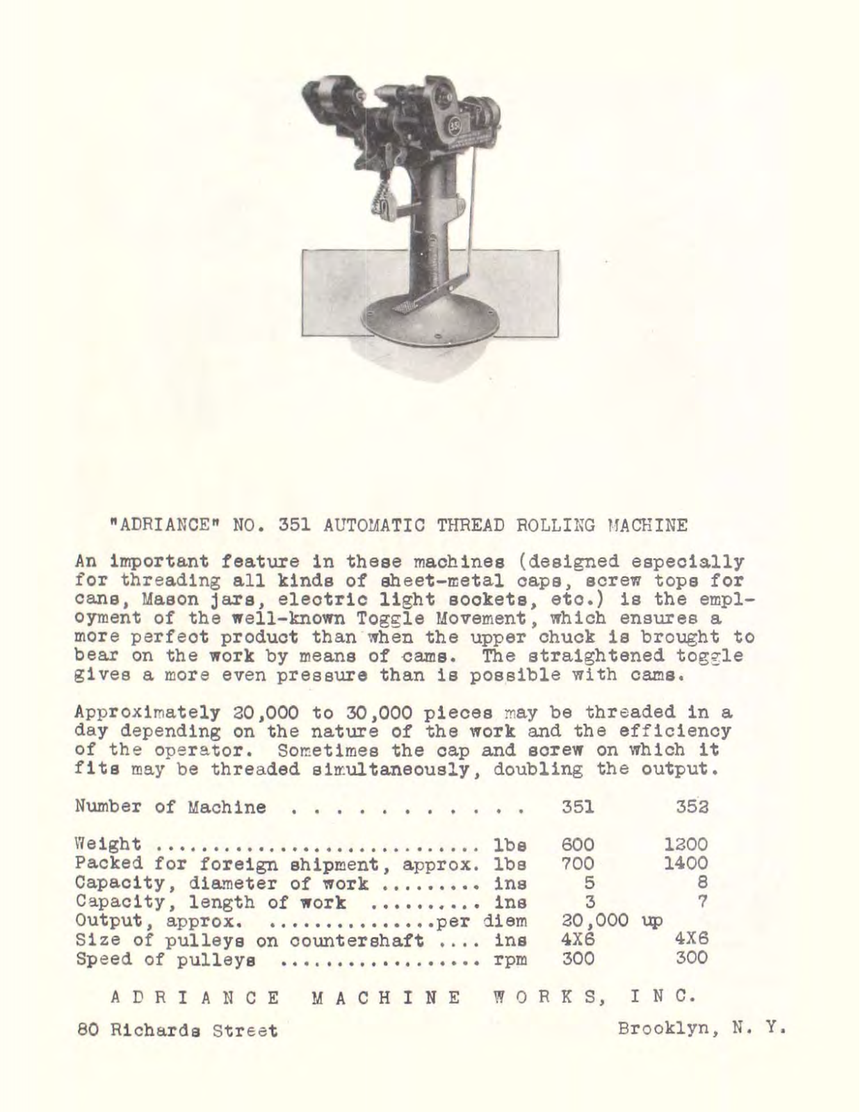 Adriance Machine Works No. 351 Automatic Thread Rolling Machine Other - ManualMachine.com