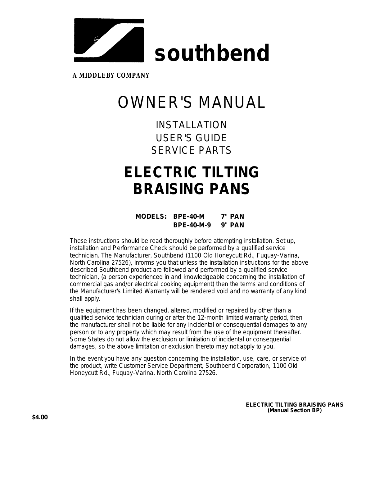 Southbend BPE-40-M Installation Manual