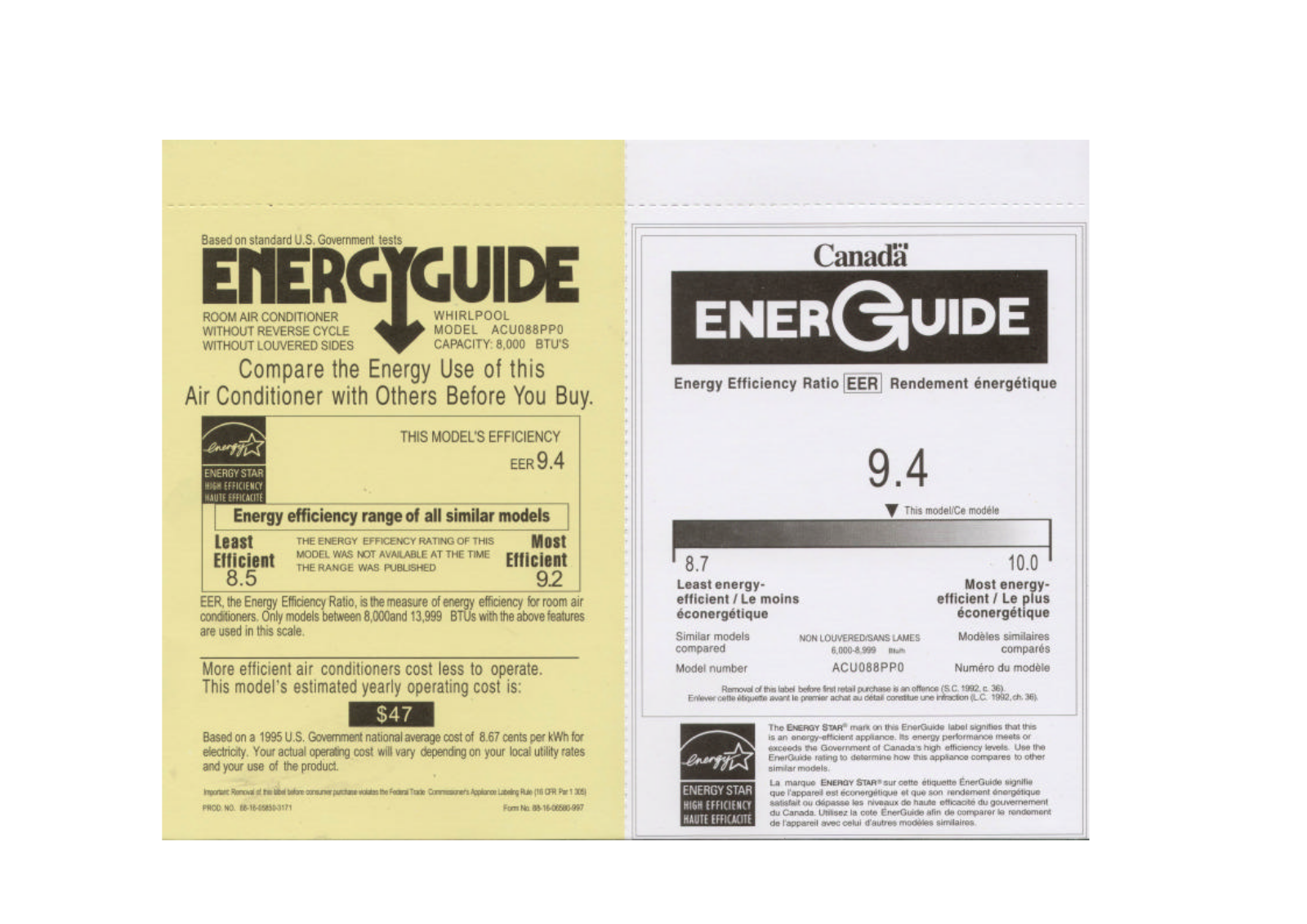 Whirlpool ACU088PP0 Energy Label