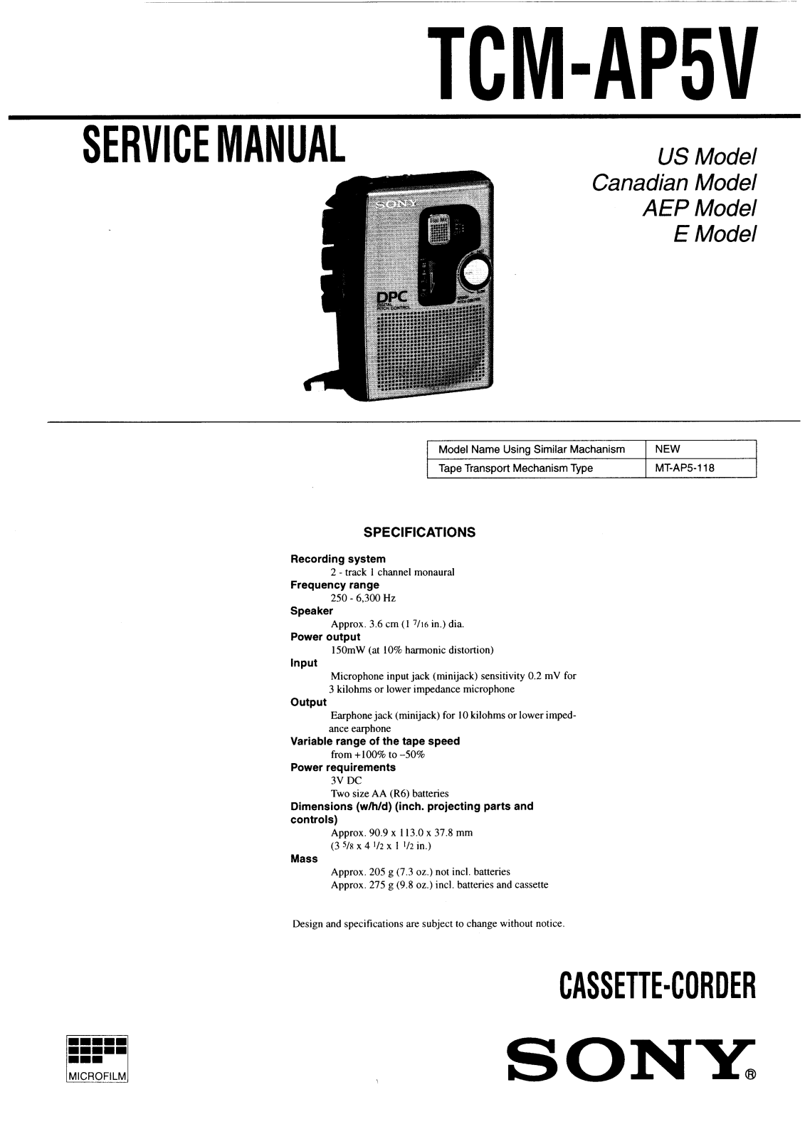 Sony TCMAP-5-V Service manual