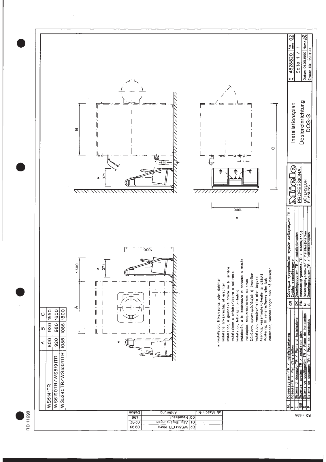 Miele WS5141TR, WS5190TR, WS5191TR, WS5240TR, WS5320TR Installation diagram