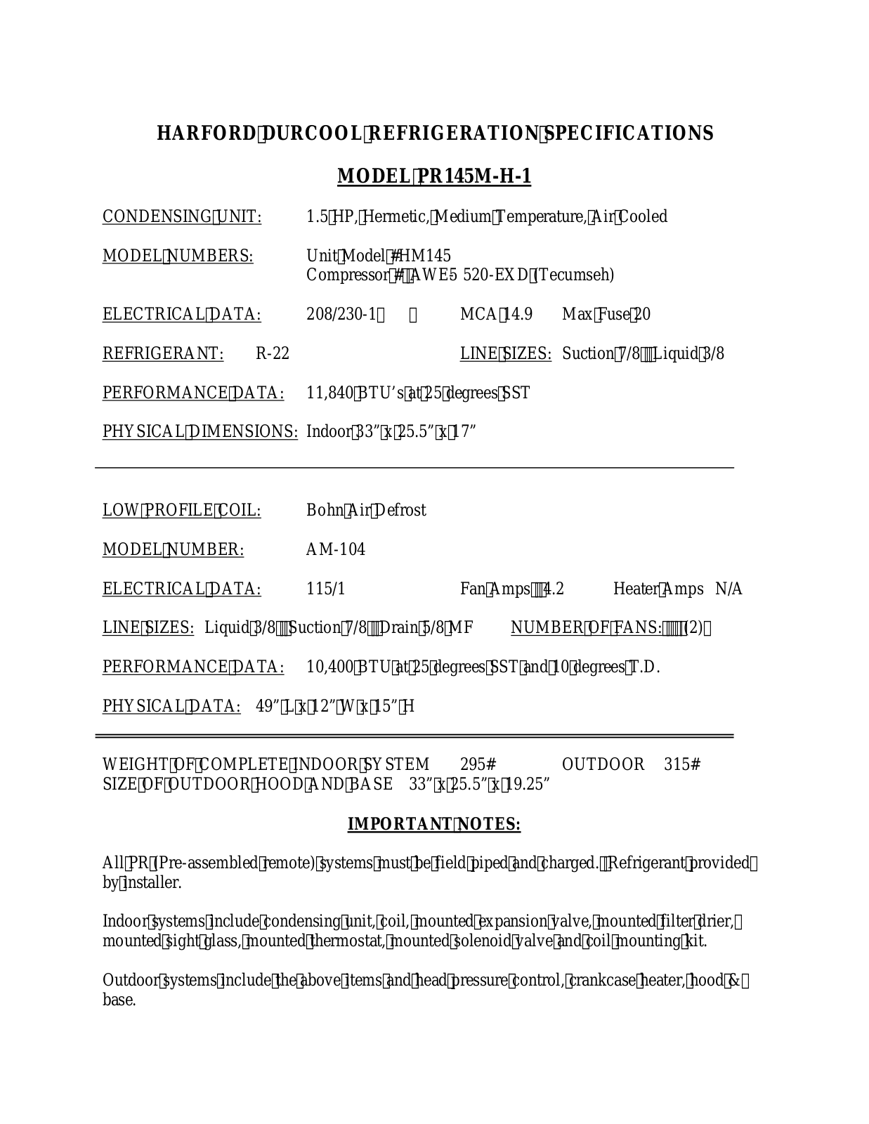 Harford PR145M-H-1 User Manual