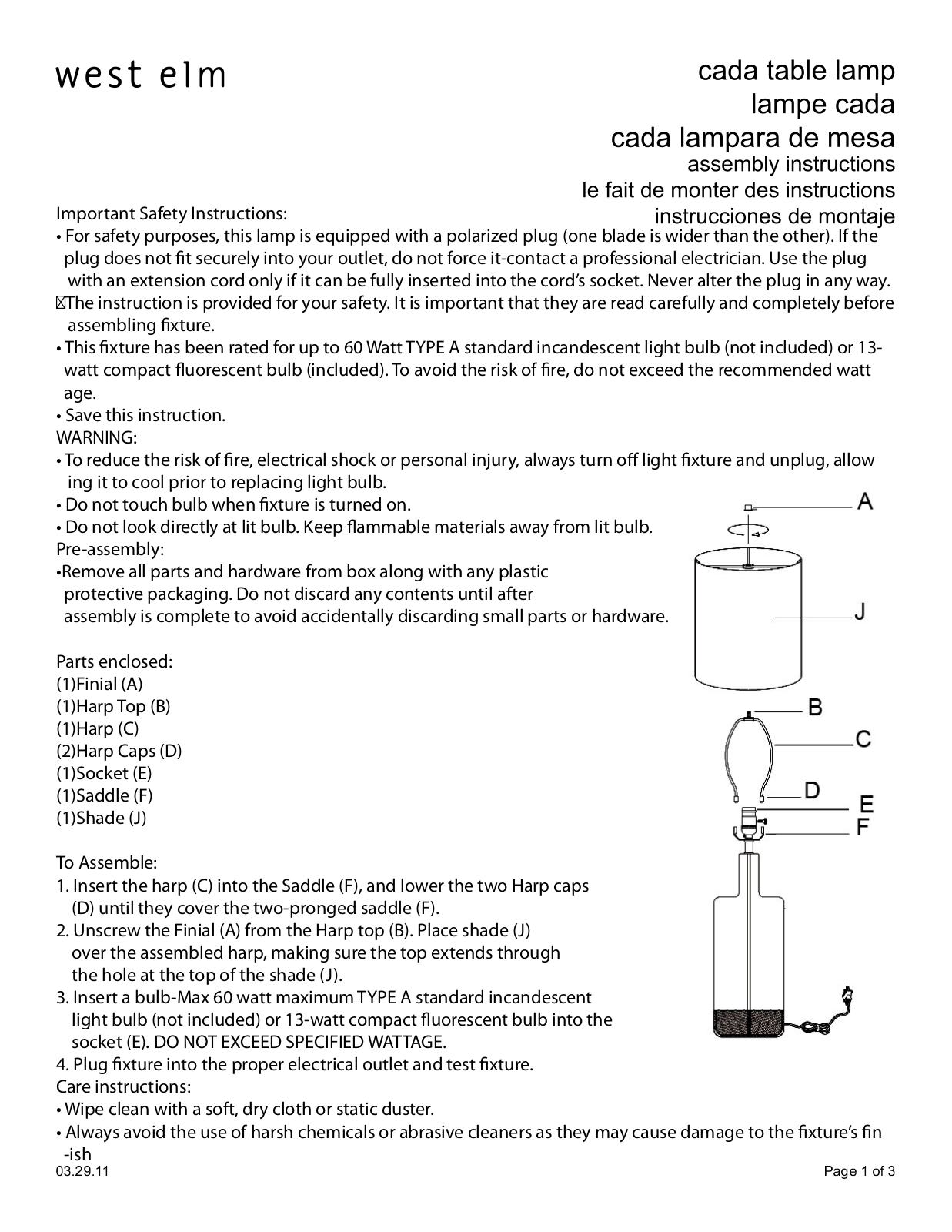 West Elm Cada Table Lamp Assembly Instruction