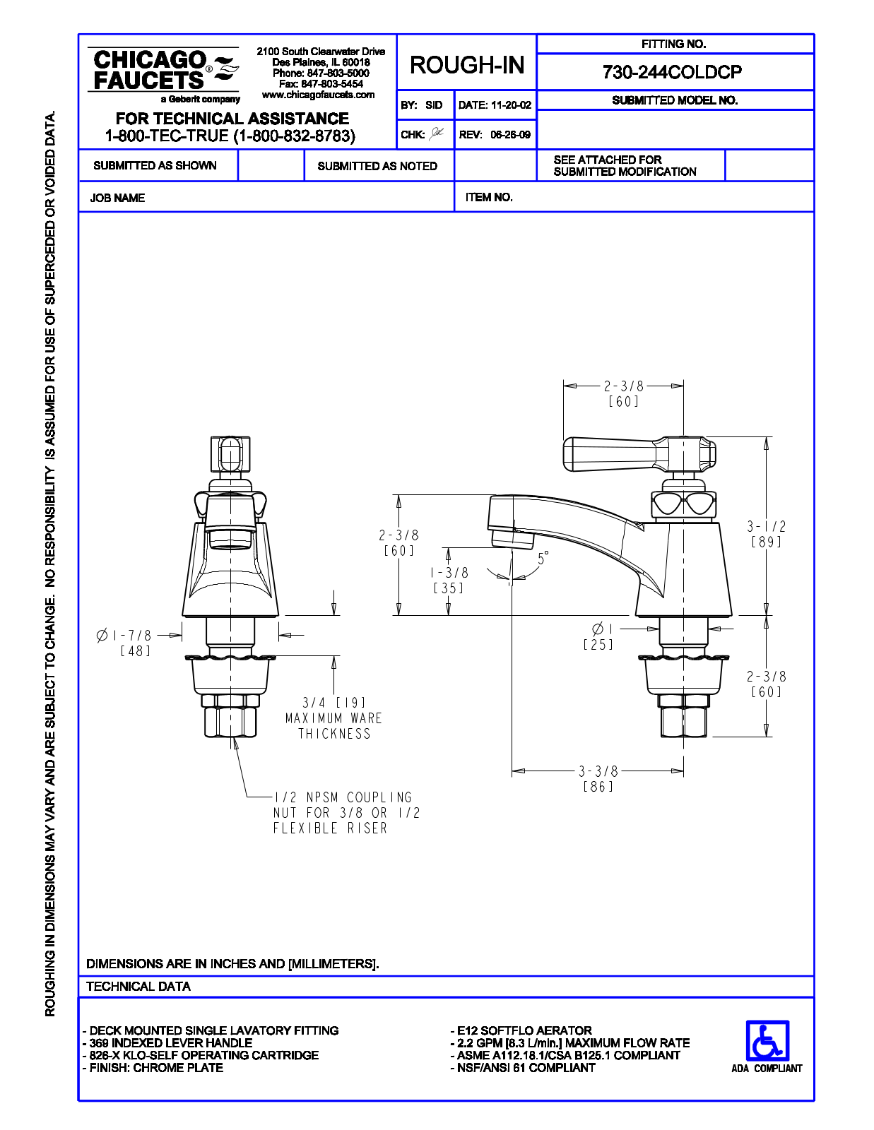 Chicago Faucet 730-244COLD User Manual