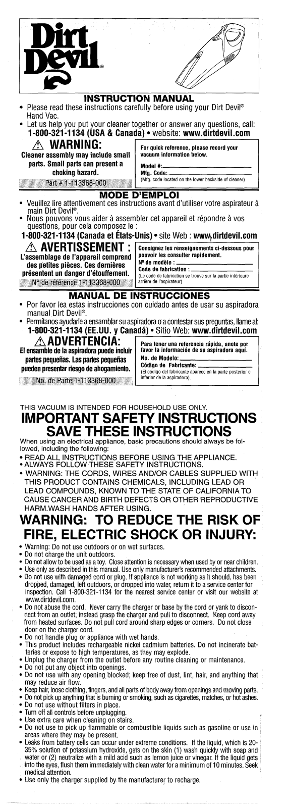 DIRTDEVIL M0914HD User Manual - ManualMachine.com