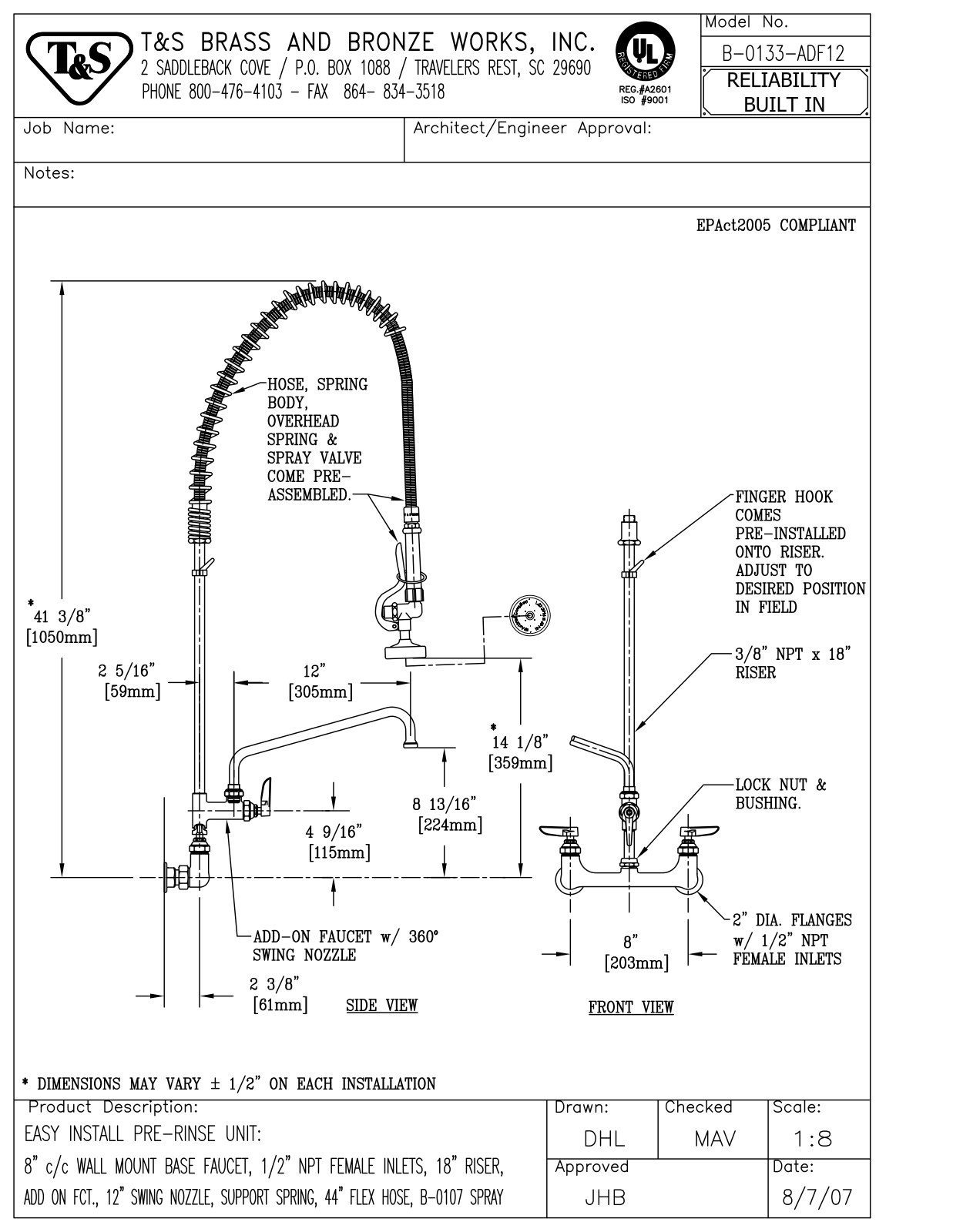 T & S Brass & Bronze Works B-0133-ADF12 General Manual