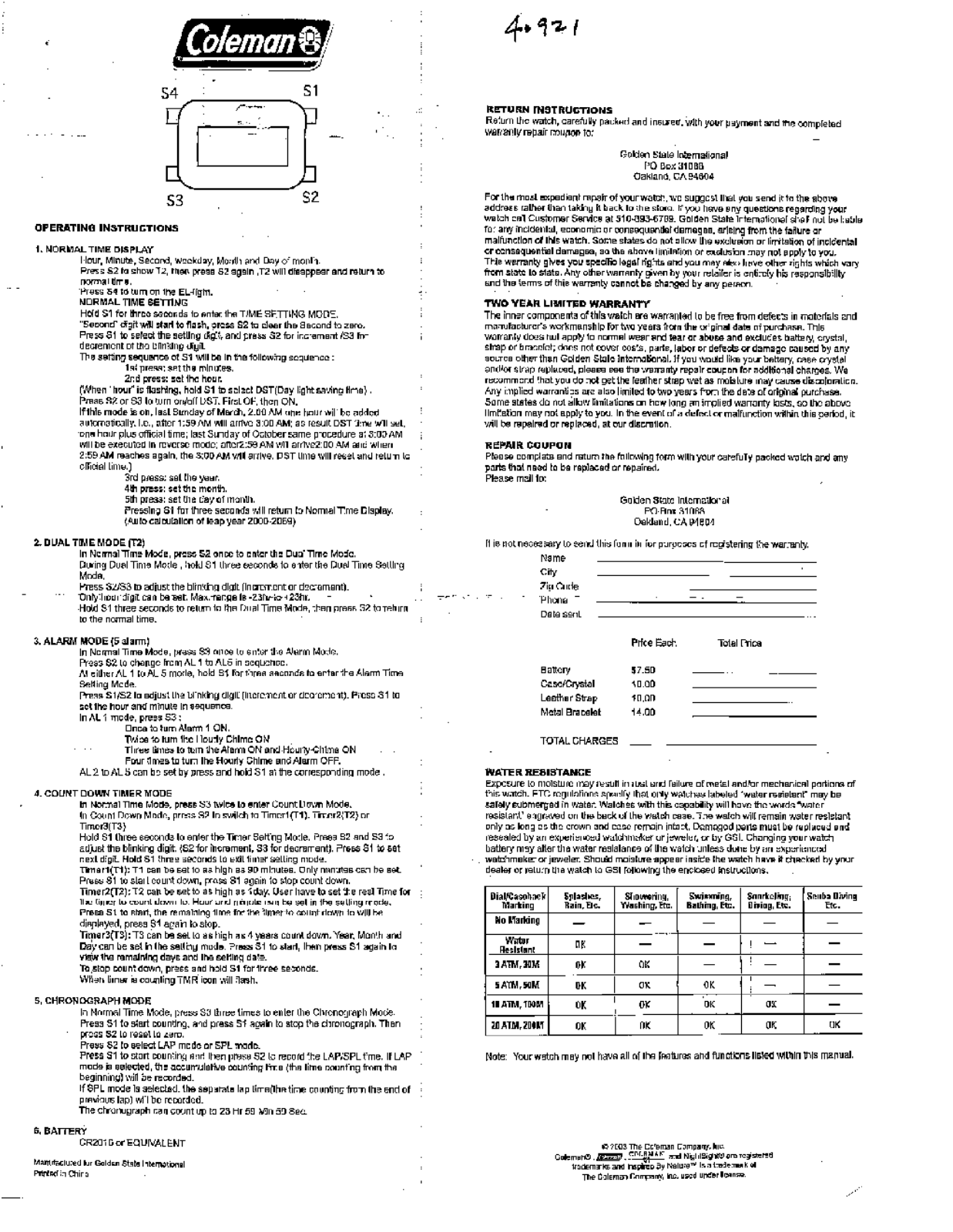 Golden State International 40-921 User Manual