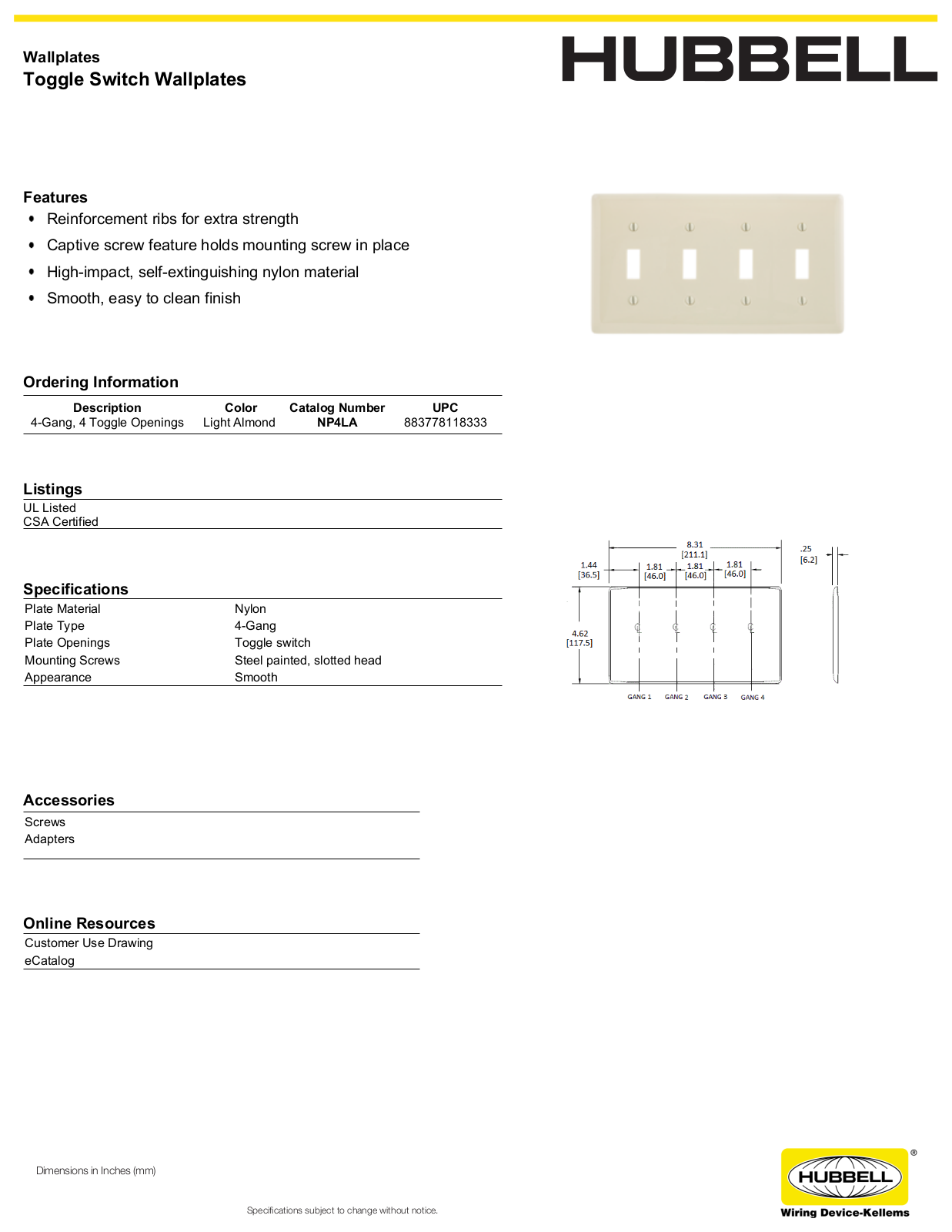 Hubbell NP4LA Specifications