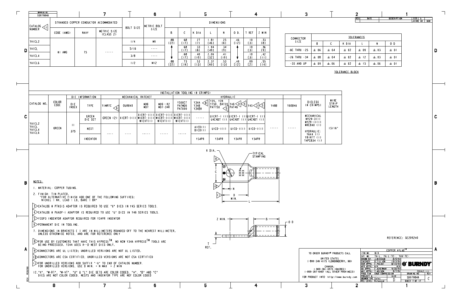 Burndy YAICL, YAICL2, YAICL4, YAICL6 dimensions