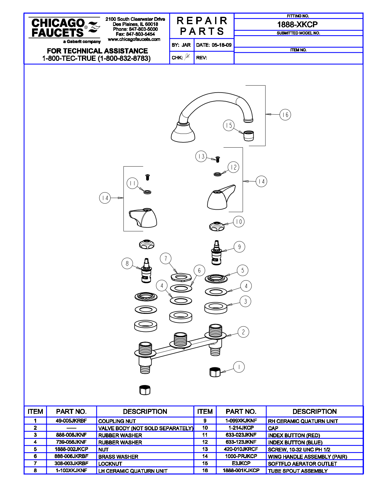 Chicago Faucet 1888-XK Parts List