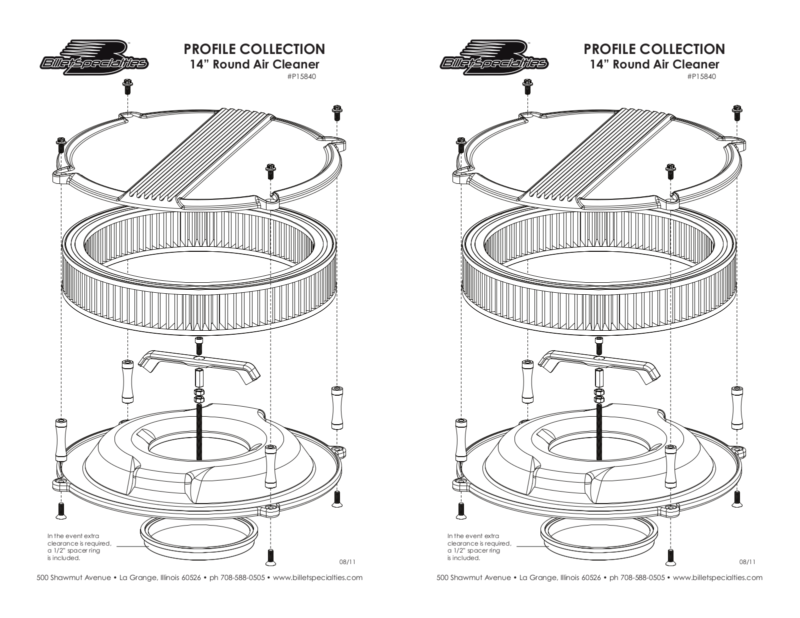 Billet Specialties Air Cleaner User Manual