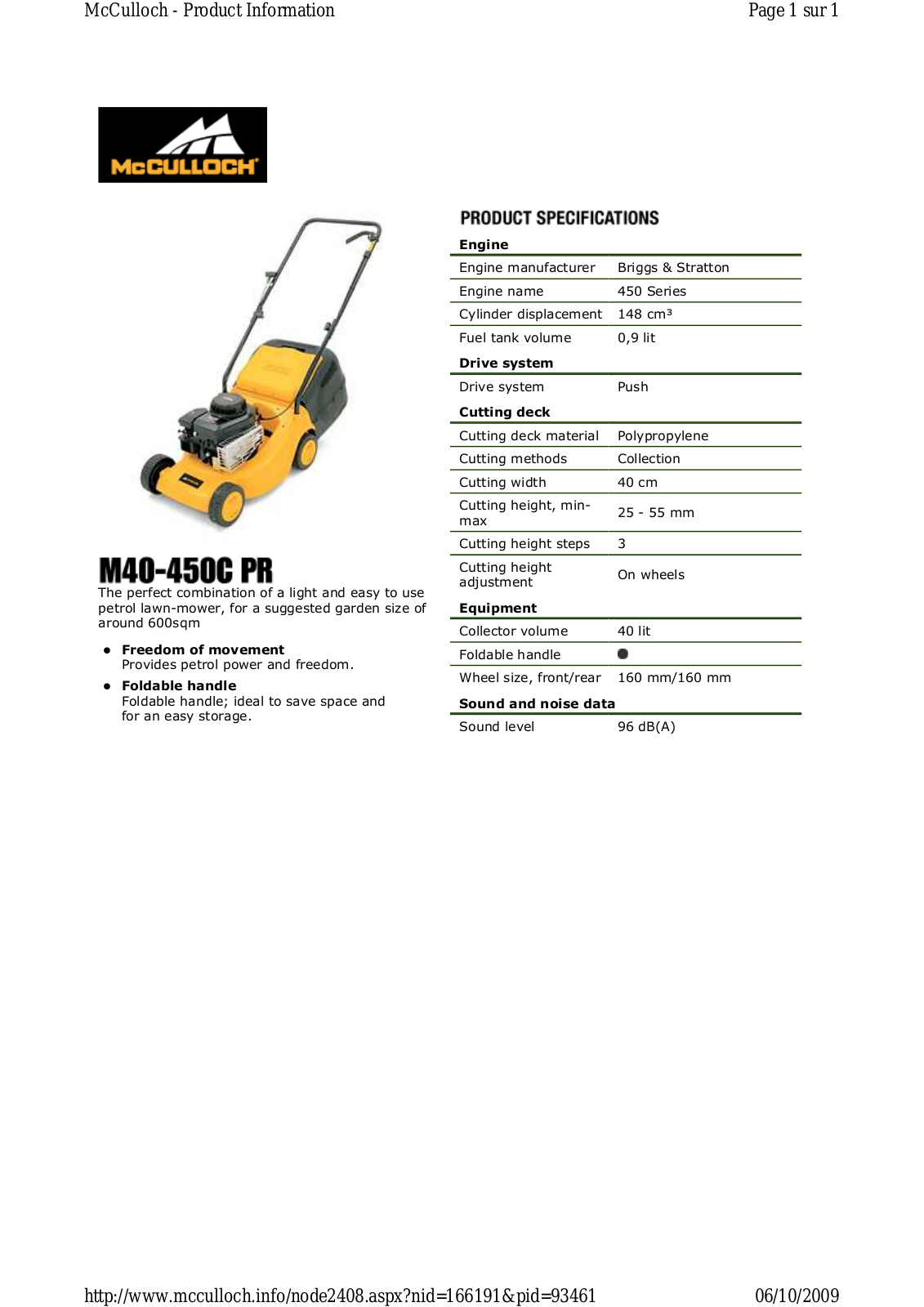 Mc culloch M40-450C PR TECHNICAL SPECIFICATIONS - ManualMachine.com