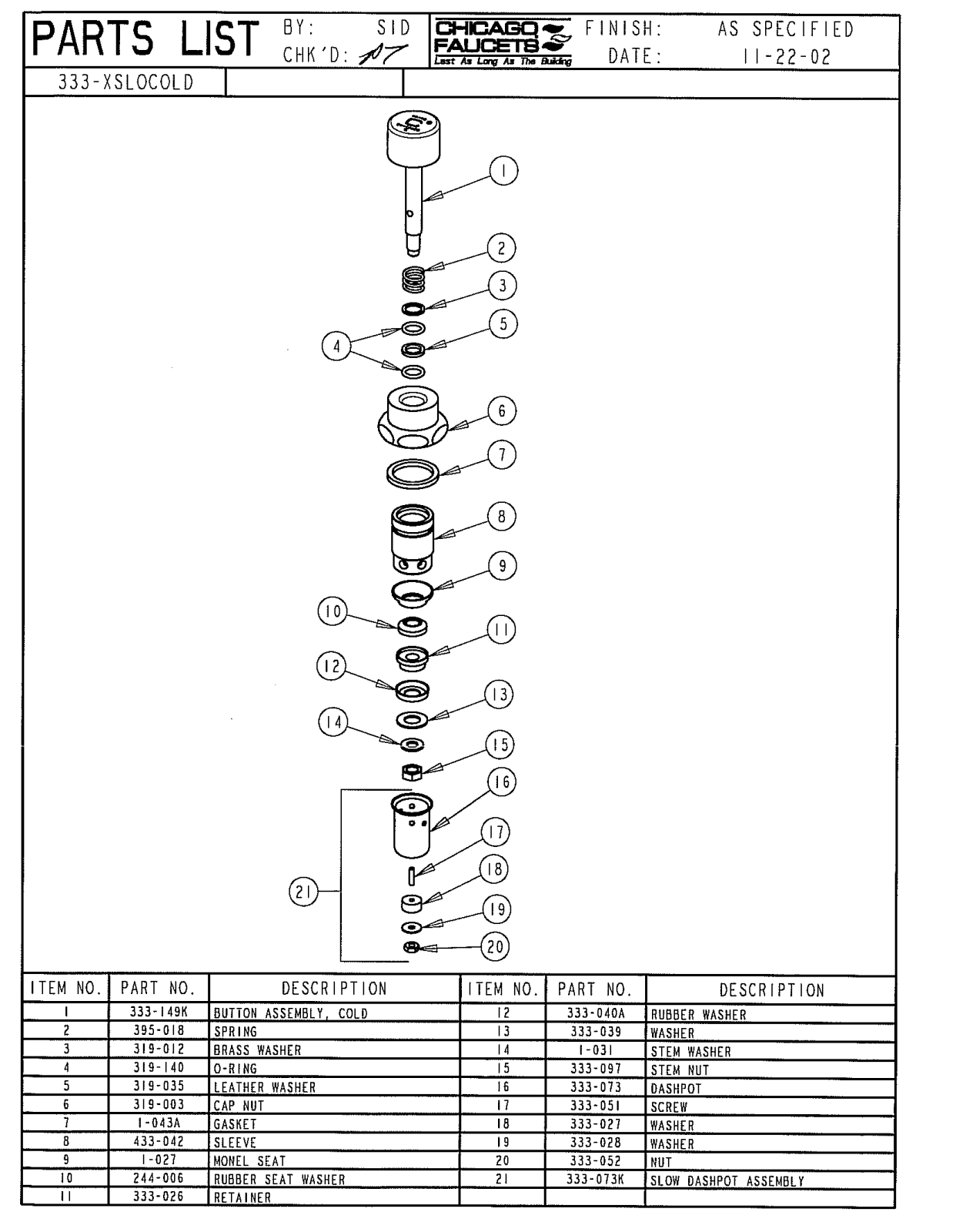 Chicago Faucet 333-XSLOCOLDJKABNF, 333-XSLOCOLDJKNF Parts List