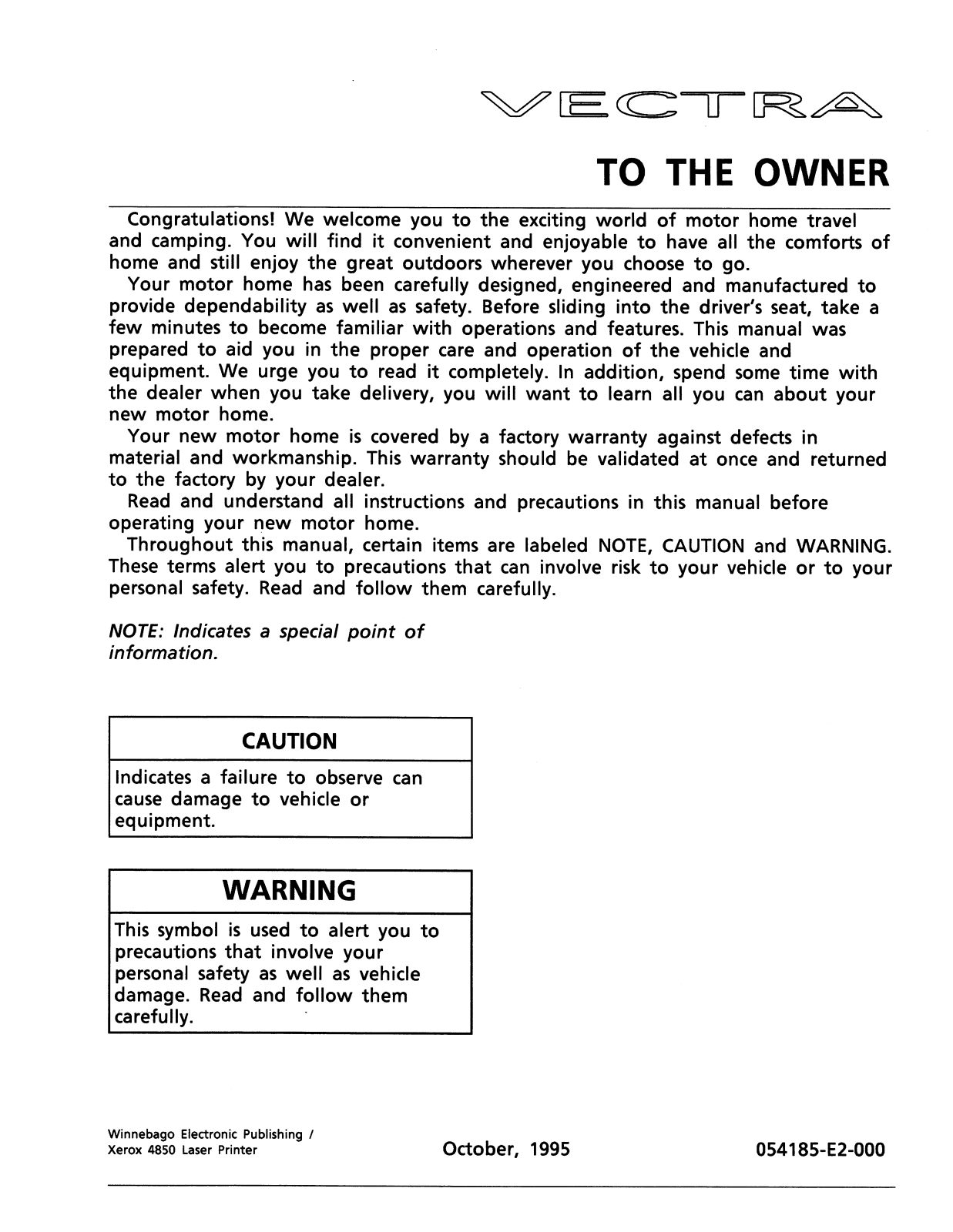 Winnebago Vectra (1996) Operator's Manual