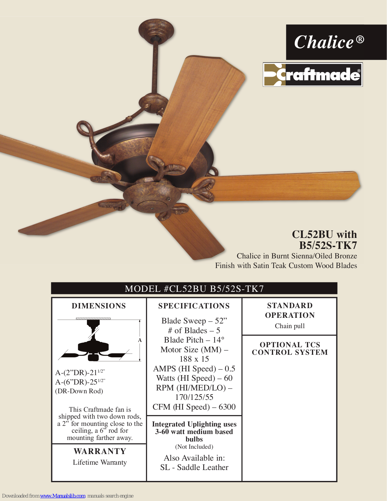 Craftmade CL52, Chalice CL52BU Specifications - ManualMachine.com