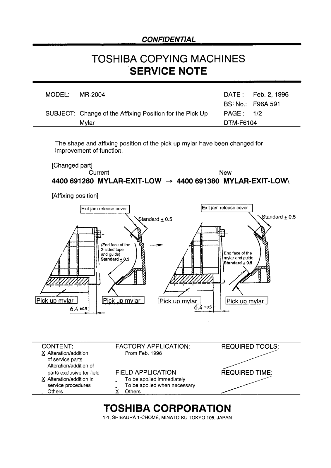 Toshiba f96a591 Service Note