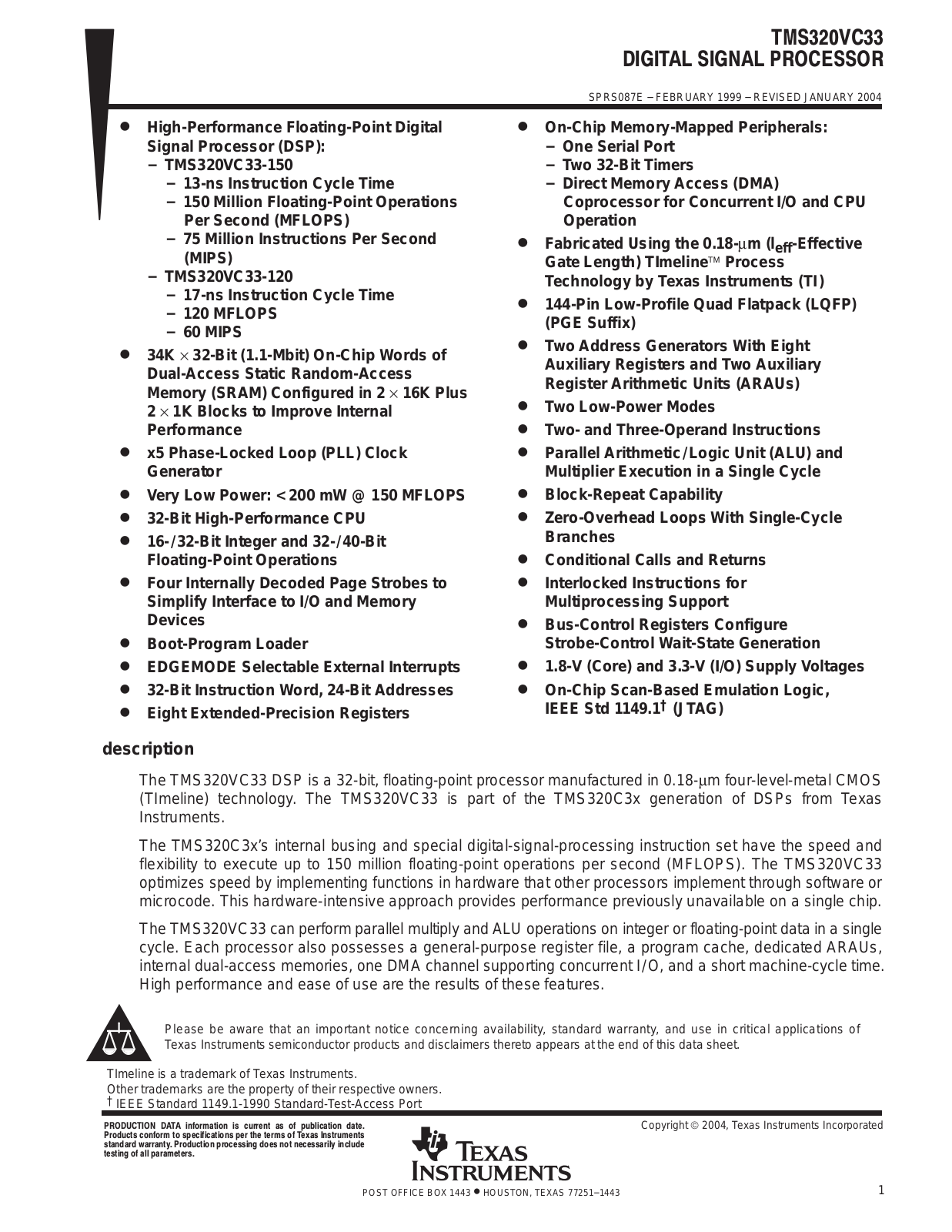 TEXAS INSTRUMENTS TMS320VC33 Technical data