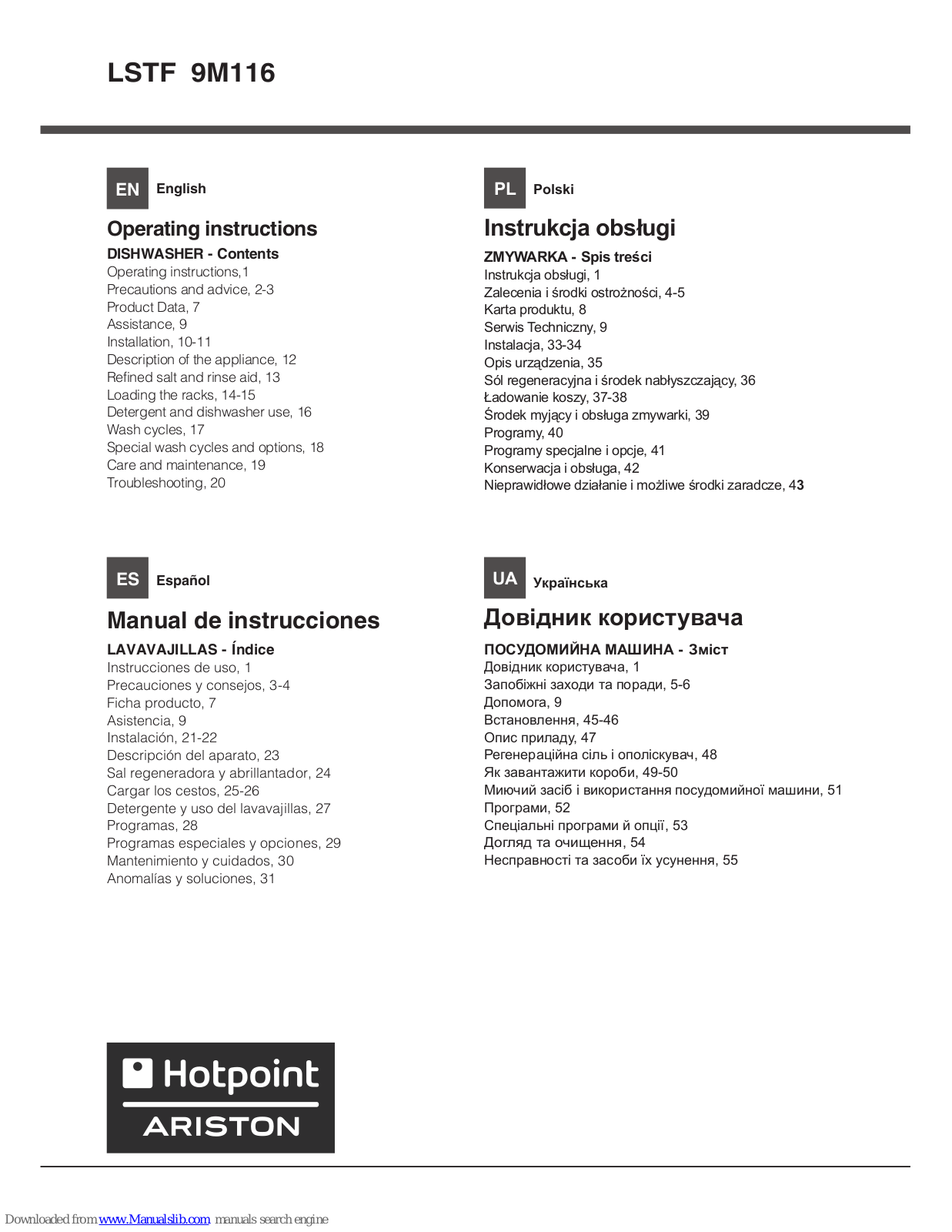 Hotpoint Ariston LSTF 9M116 Operating Instructions Manual