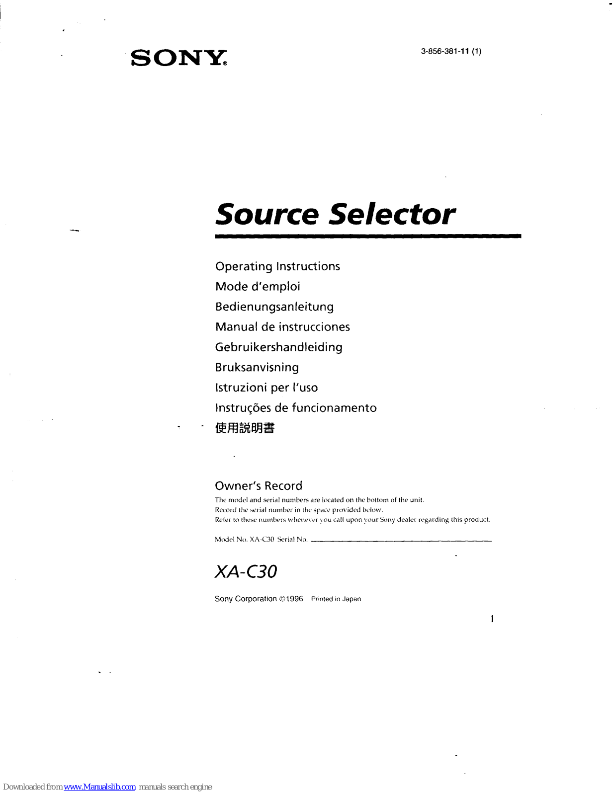 Sony XA-C30 - 2 Output Selector, XA-C30 Operating Instructions Manual