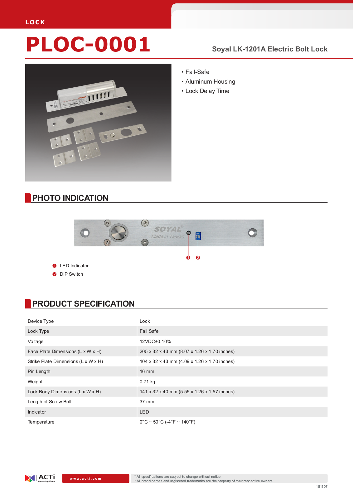 ACTi PLOC-0001 Specsheet