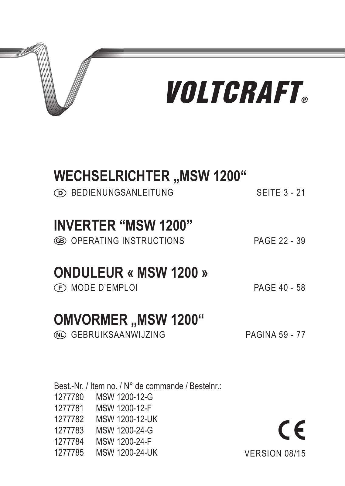 VOLTCRAFT MSW 1200-12-G, MSW 1200-12-F, MSW 1200-12-UK, MSW 1200-24-G, MSW 1200-24-F User guide