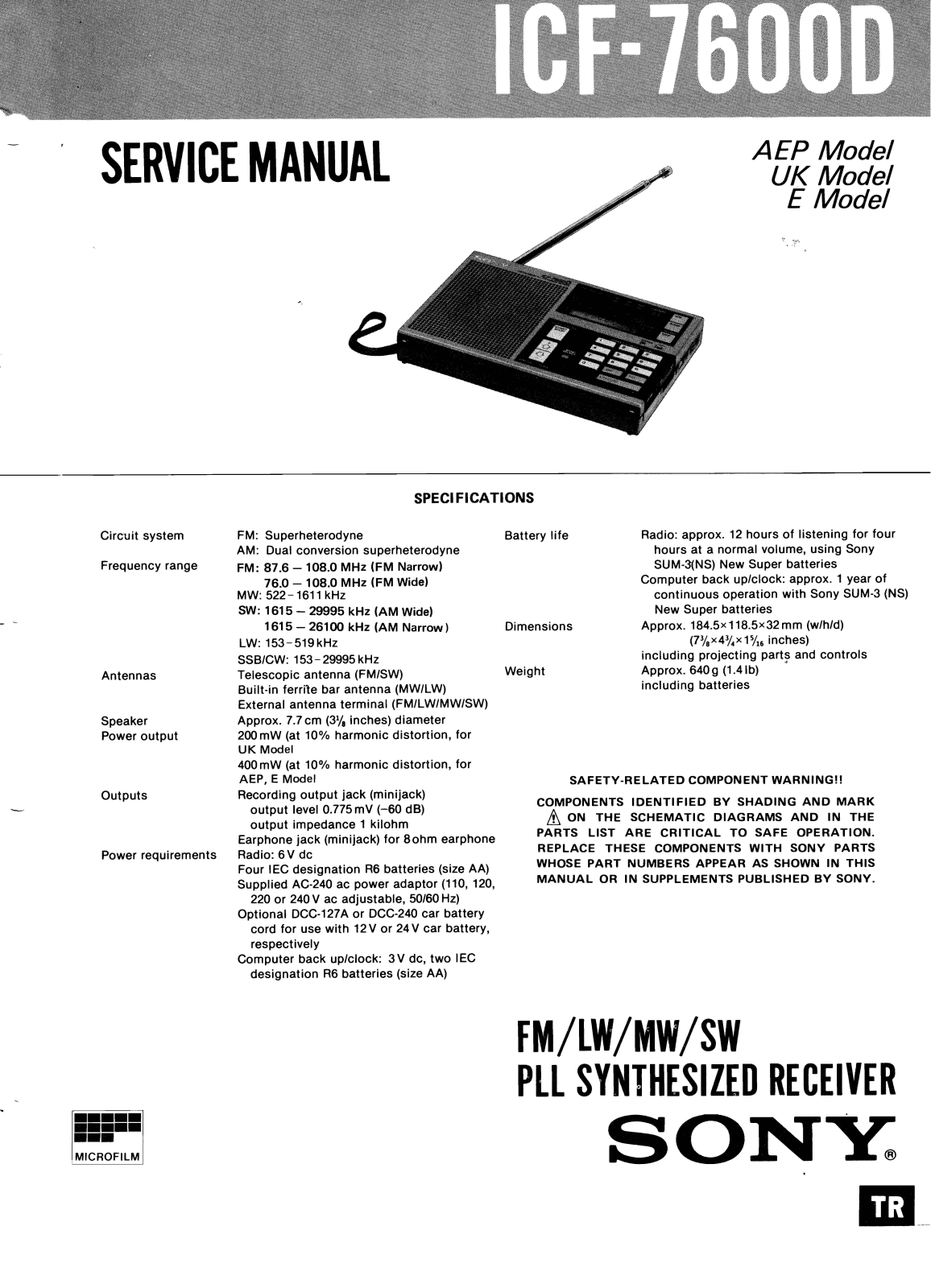 SONY ICF 7600D Service Manual