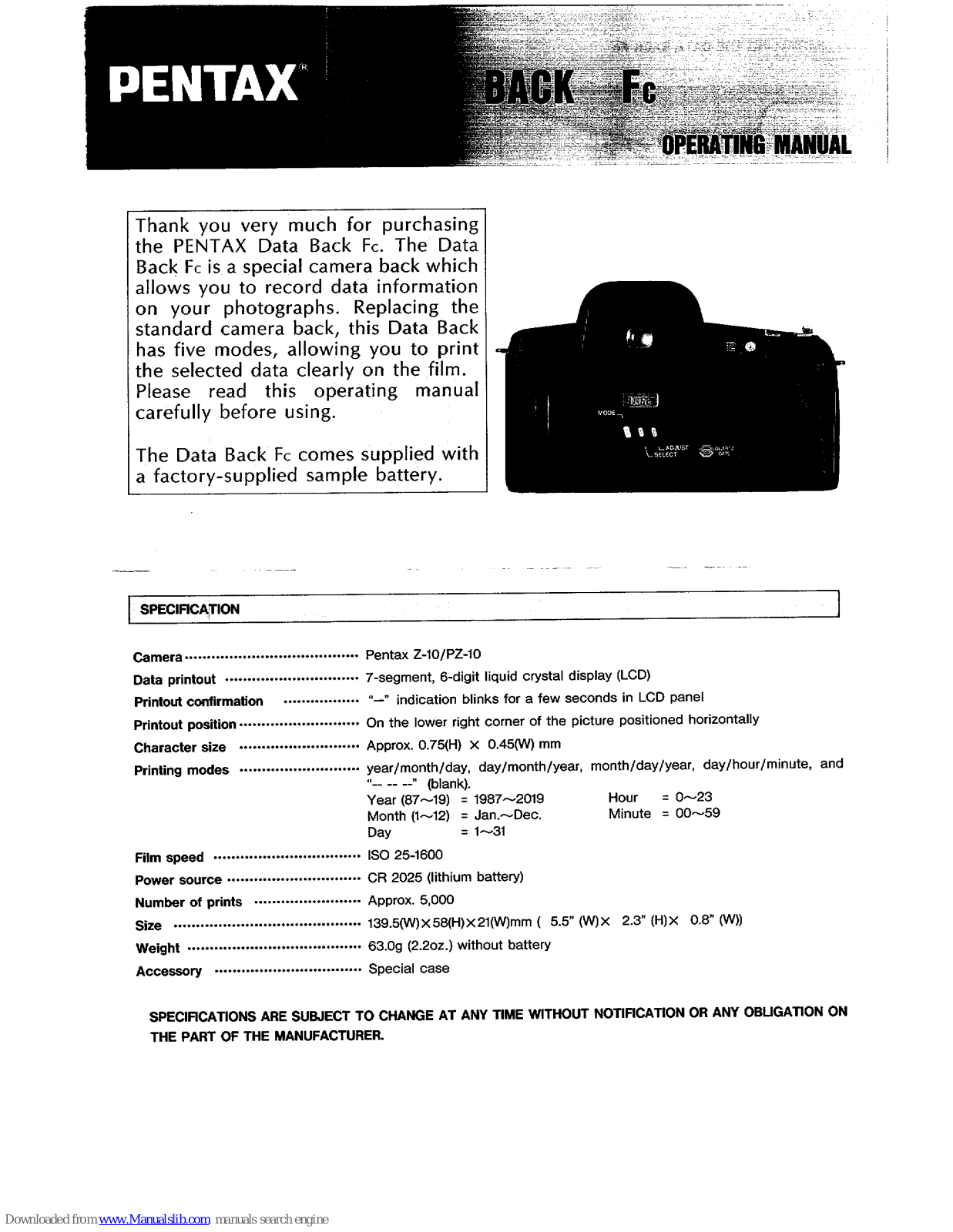 Pentax Data Back Fc Operating Manual