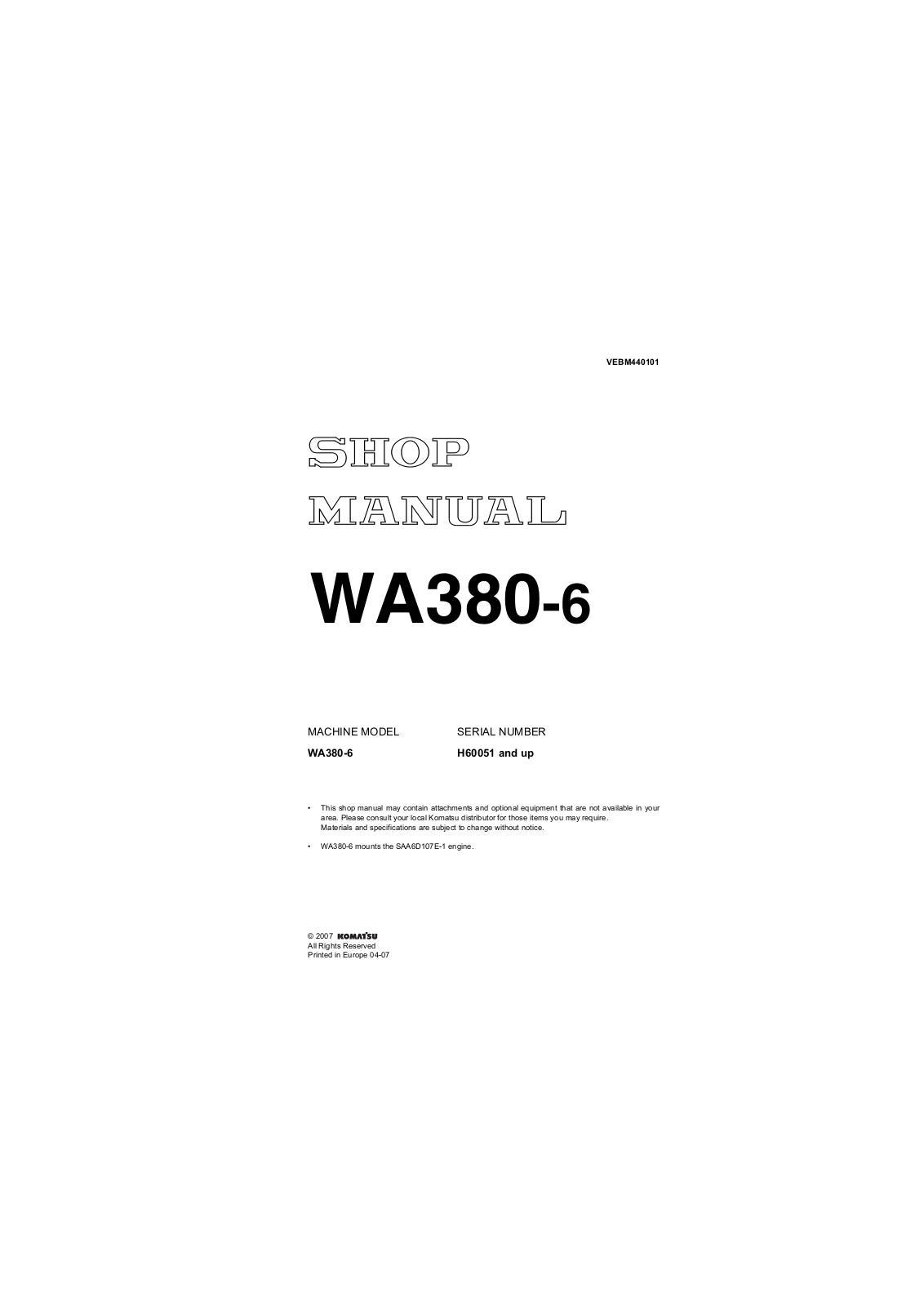 KOMATSU WA380-6-S-C SHOP MANUAL