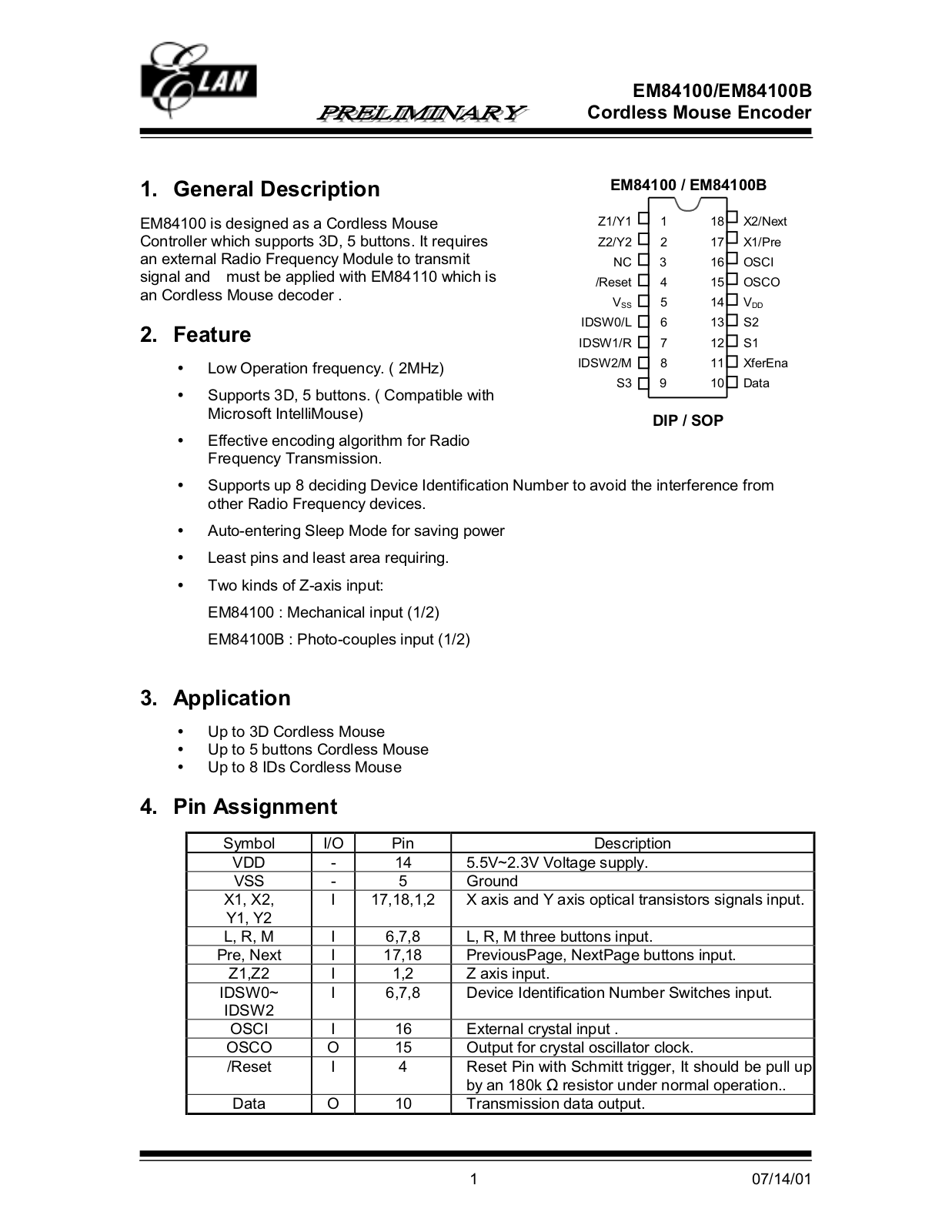 ELAN EM84100B, EM84100 Datasheet