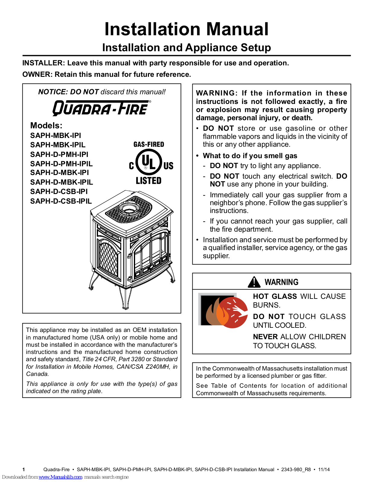 Quadra-Fire SAPH-D-MBK-IPIL, SAPH-D-PMH-IPIL, SAPH-D-MBK-IPI, SAPH-D-CSB-IPI, SAPH-D-CSB-IPIL Installation Manual