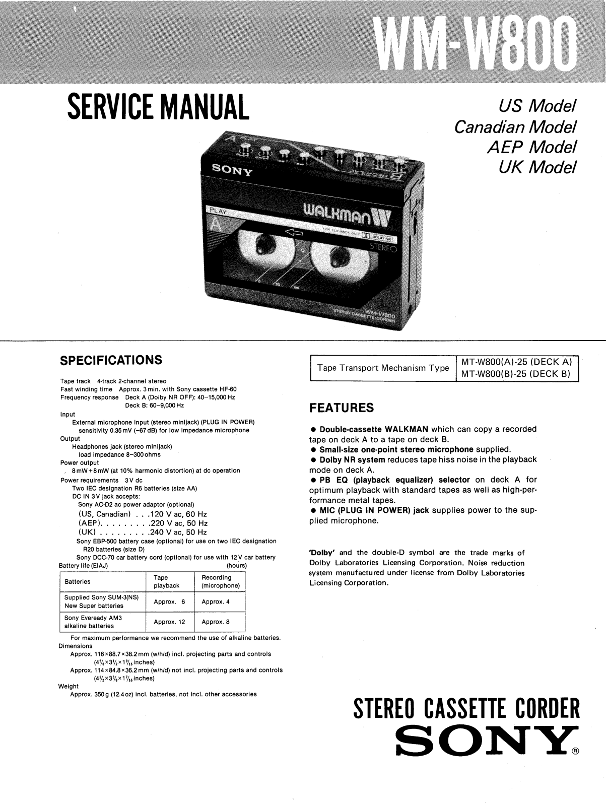 sony WM-W800 Service Manual