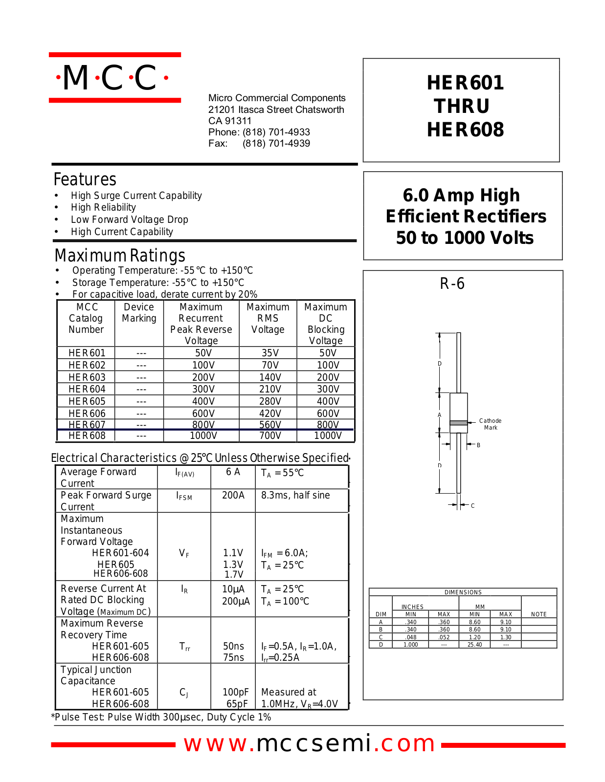 MCC HER604, HER603, HER602, HER605, HER601 Datasheet