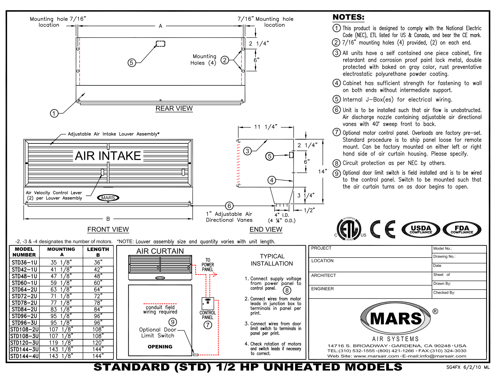 Marshall Air STD108-3U User Manual