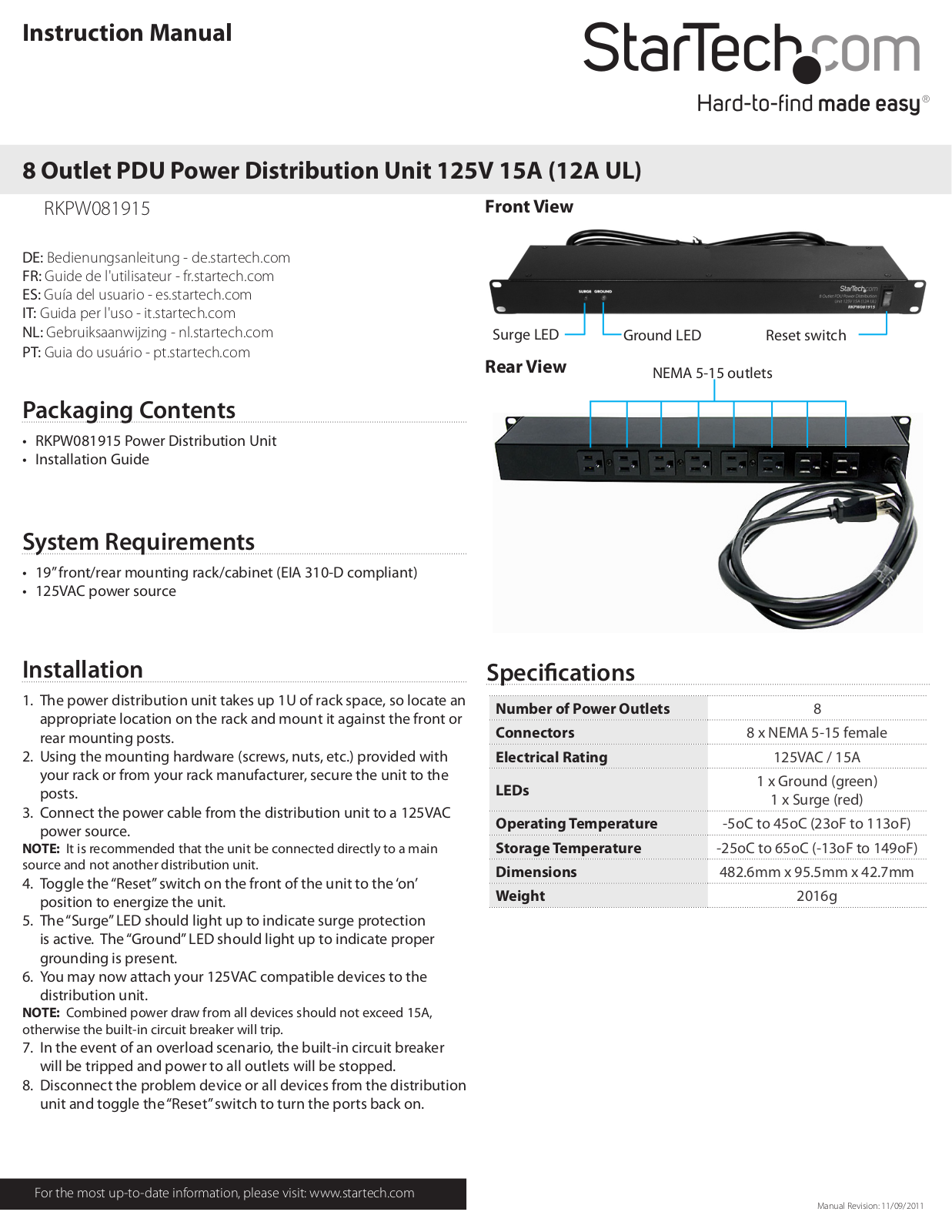 StarTech.com RKPW081915 User Manual