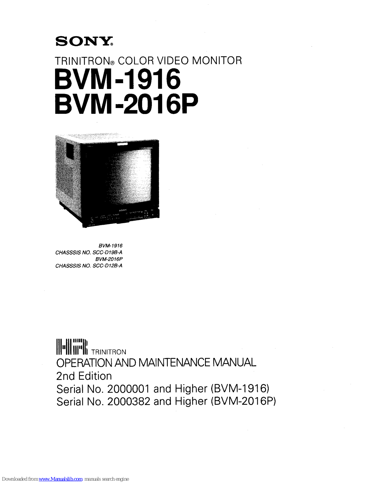 Sony BVM-1916, BVM-2016P Operation And Maintenance Manual