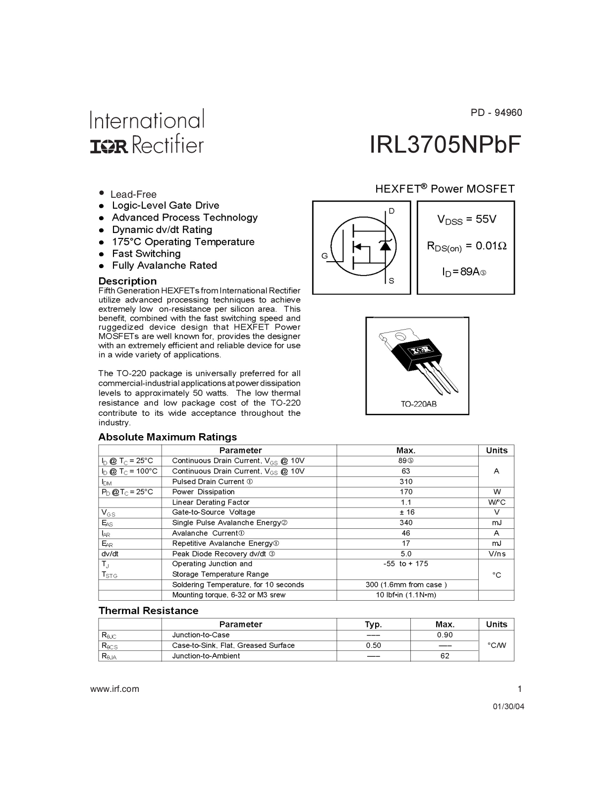 Datasheet IRL 3705NPBF Datasheet - ManualMachine.com