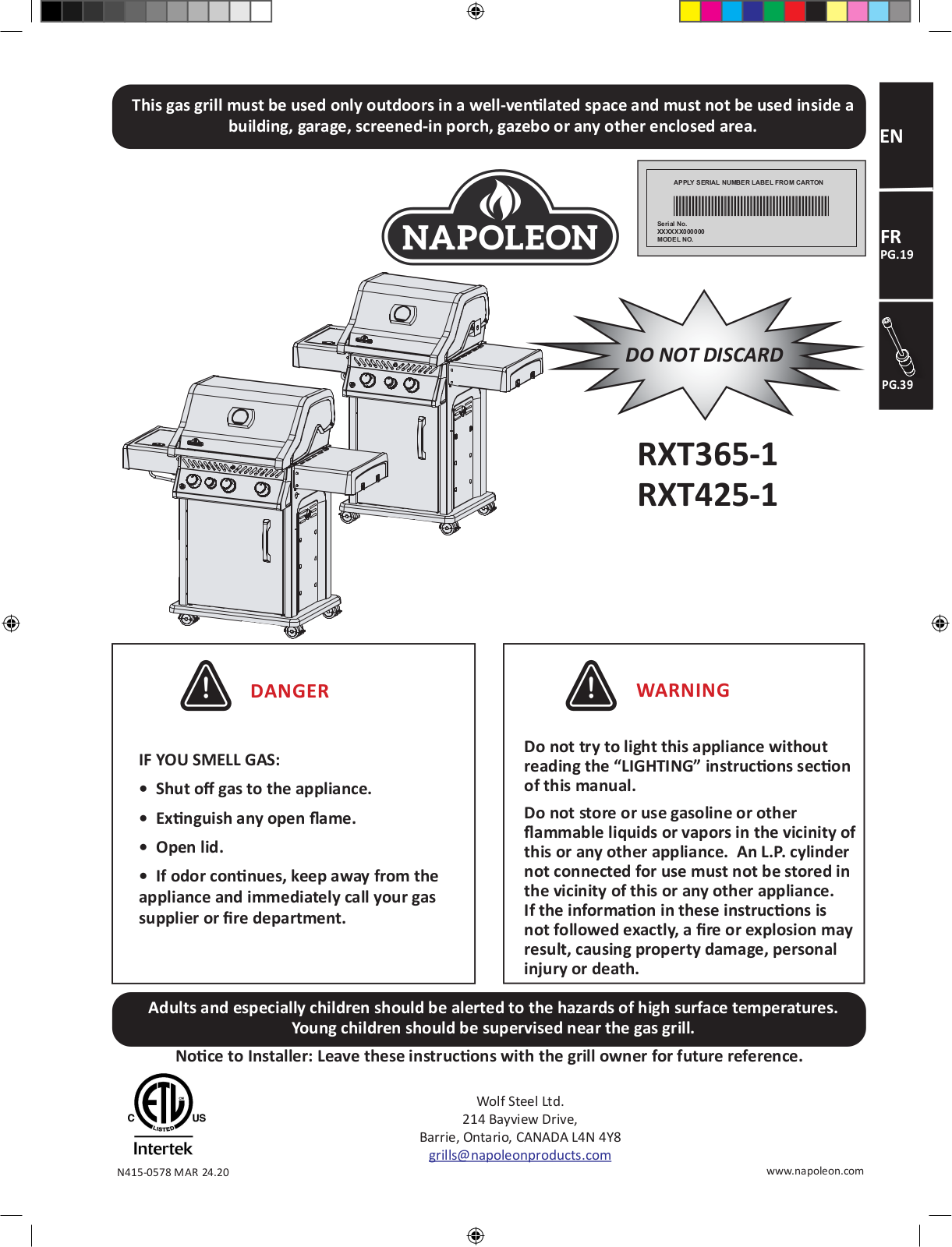 Napoleon RXT425PSS1, RXT425SIBNSS1 User Manual