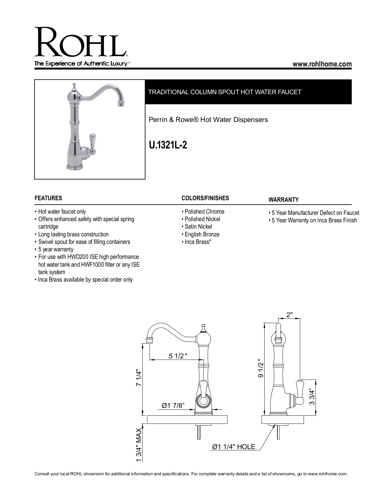 Rohl U1321L2PN Specs